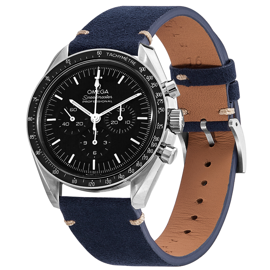 Omega Speedmaster Professional chronograph watch with black dial, tachymetre bezel, and navy blue canvas leather strap