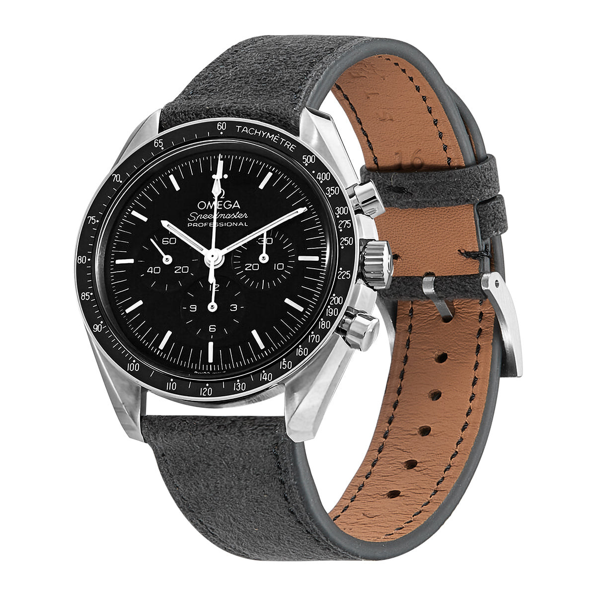 Omega Speedmaster Professional chronograph watch with stainless steel case, black dial, tachymetre bezel, and grey suede leather strap with tan leather backing