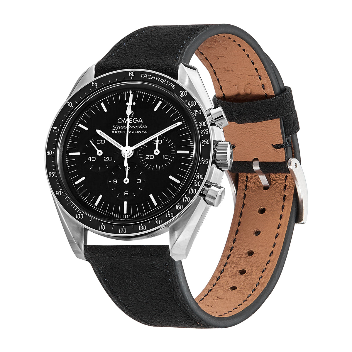 Omega Speedmaster Professional chronograph watch with black dial, stainless steel case, tachymetre bezel, and black leather strap with tan leather underside