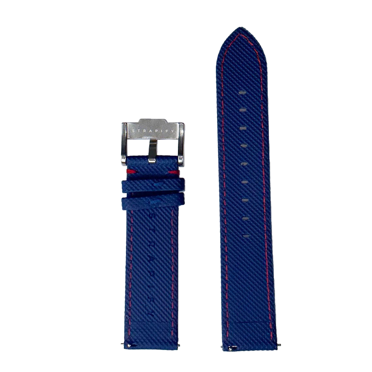 Quick release sailcloth watch strap in electric blue with red stitching and stainless steel buckle