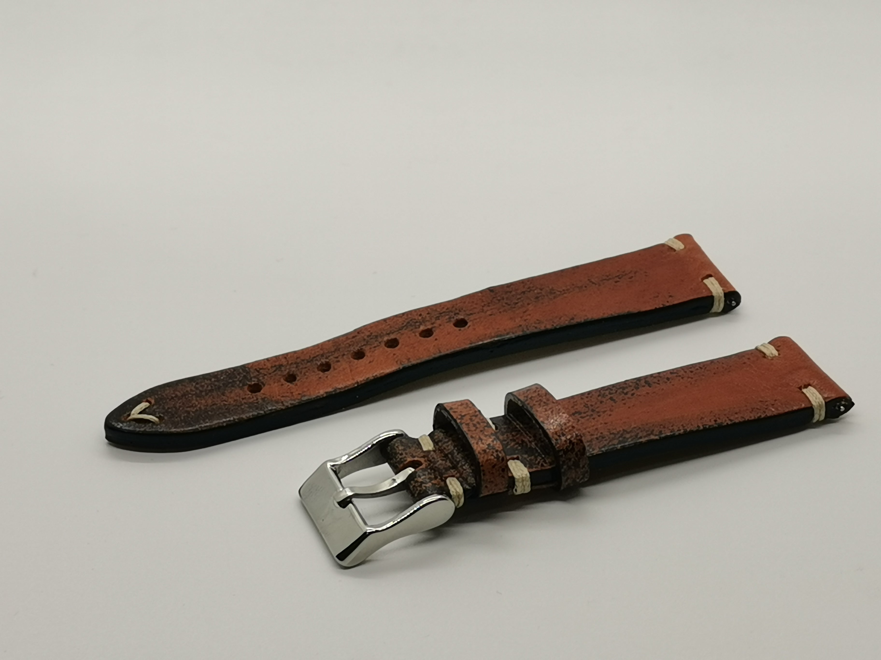 Vintage knotted smoked brown leather quick release watch strap 24mm with metal buckle and cream knots