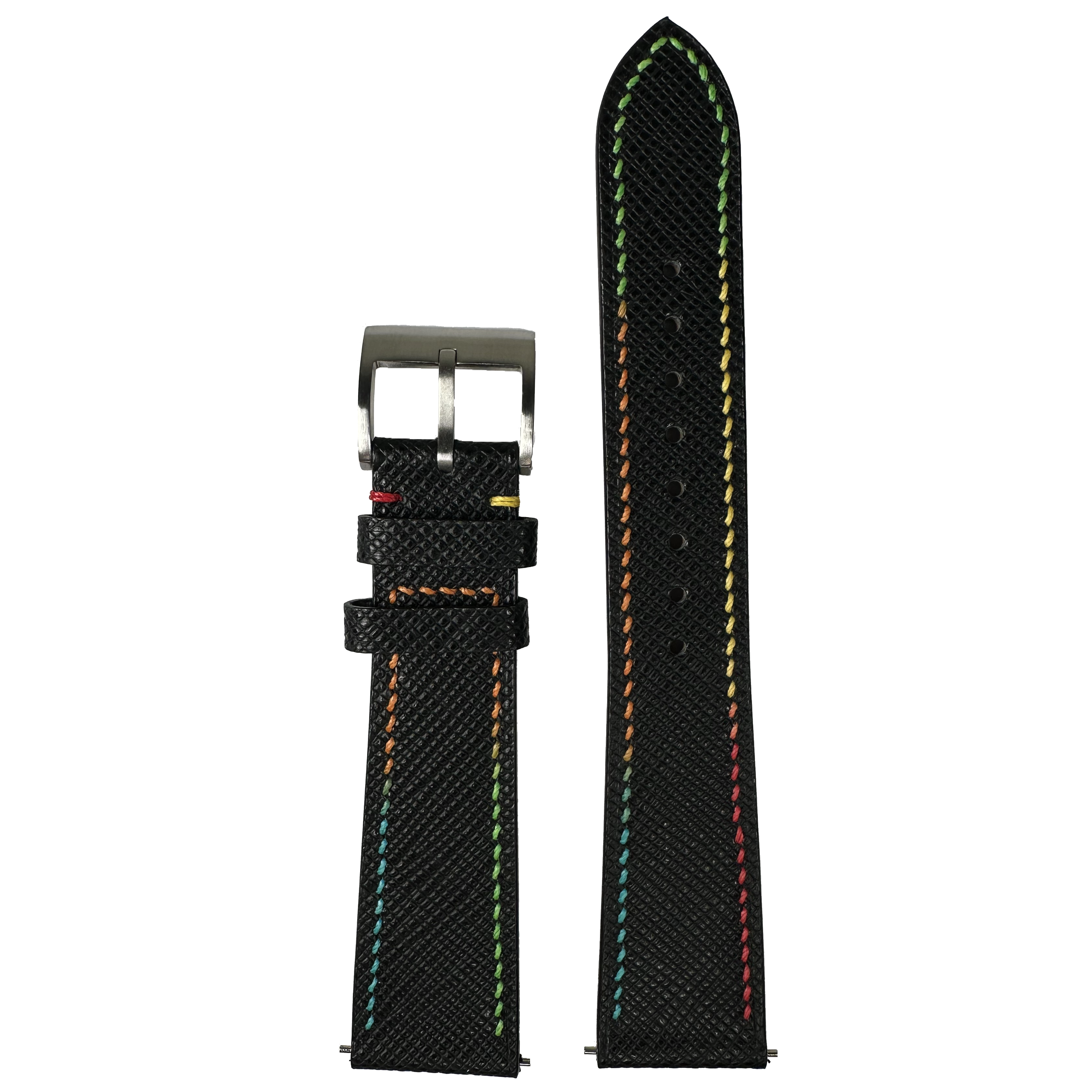 Black leather watch band with rainbow stitching, quick release pins, stainless steel buckle