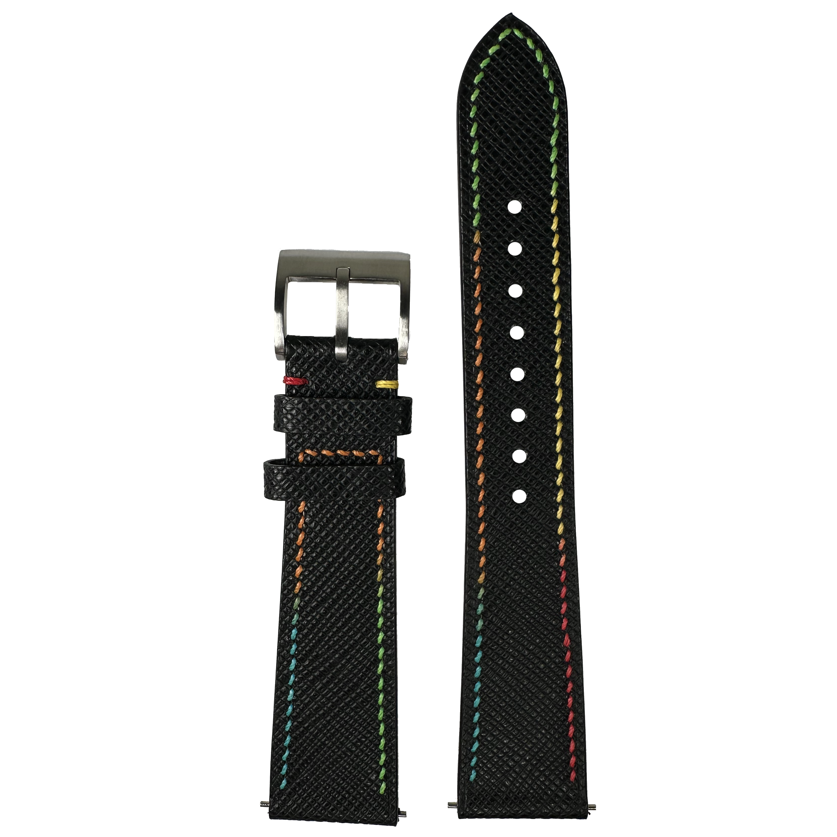 Black leather Apple Watch band with rainbow stitching, metal buckle, and white stud details displayed flat
