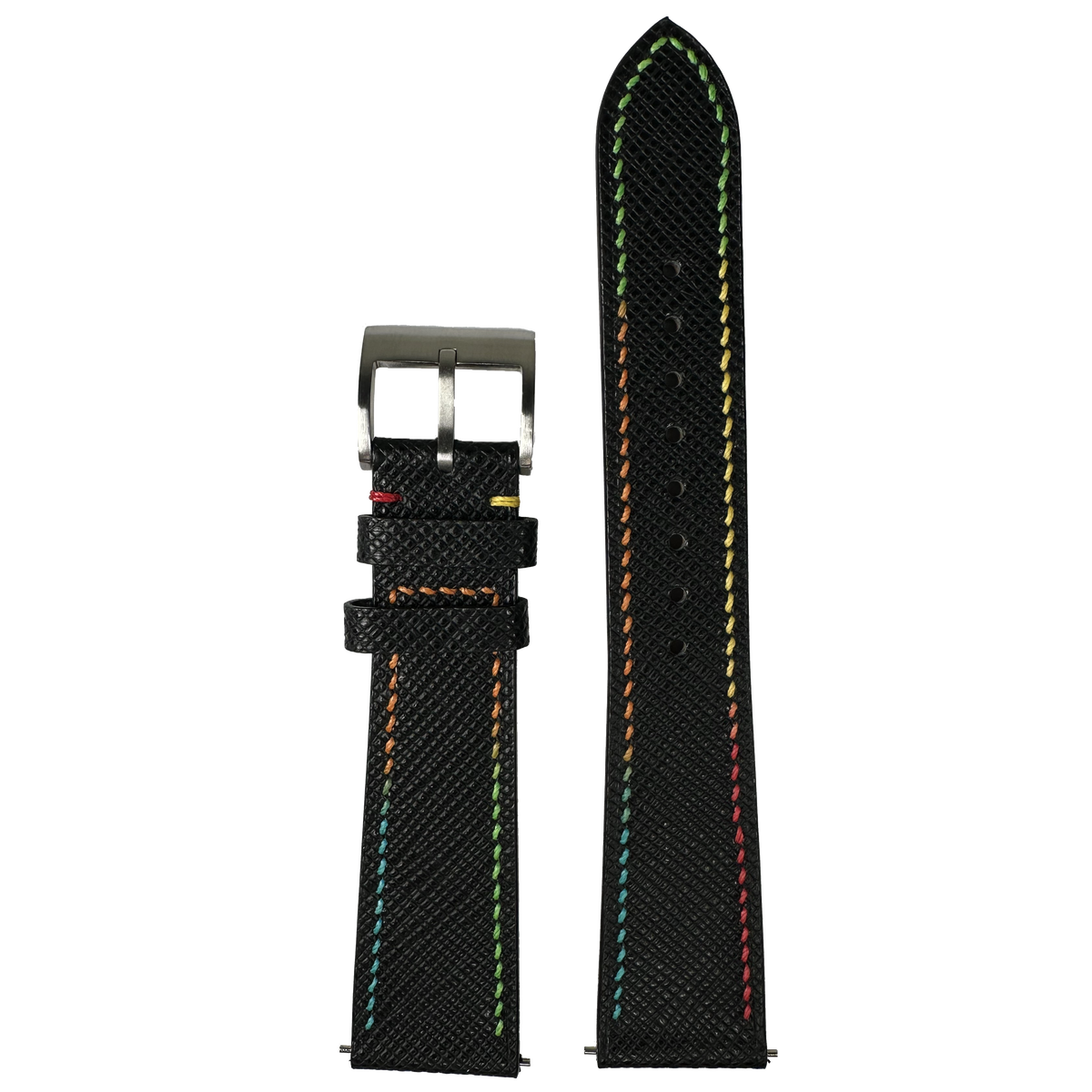 Black leather watch band with rainbow stitching, metal buckle, textured surface, curved design for Galaxy Watch 8 Ultra