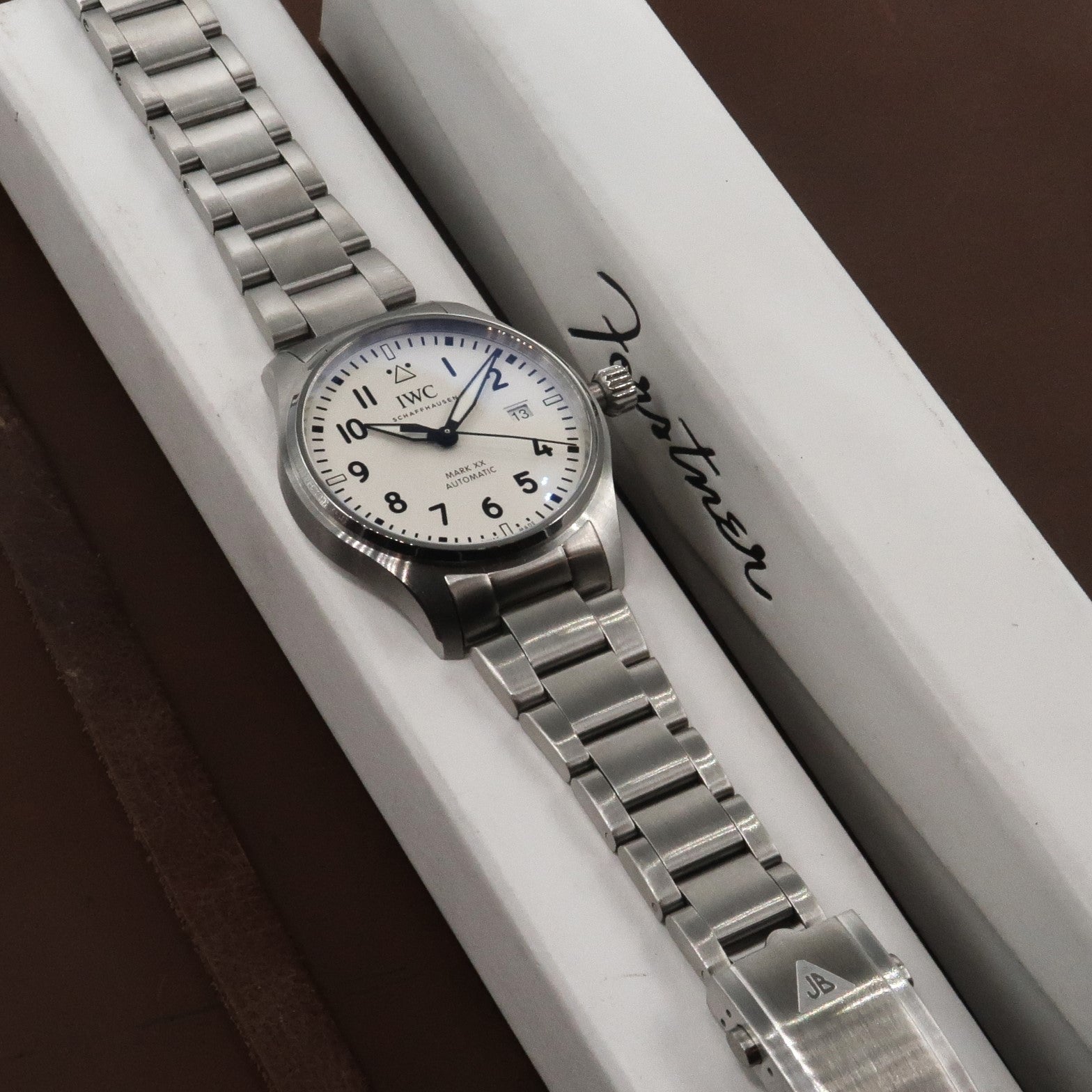 IWC Mark XX automatic stainless steel watch with white dial and metal bracelet in presentation box