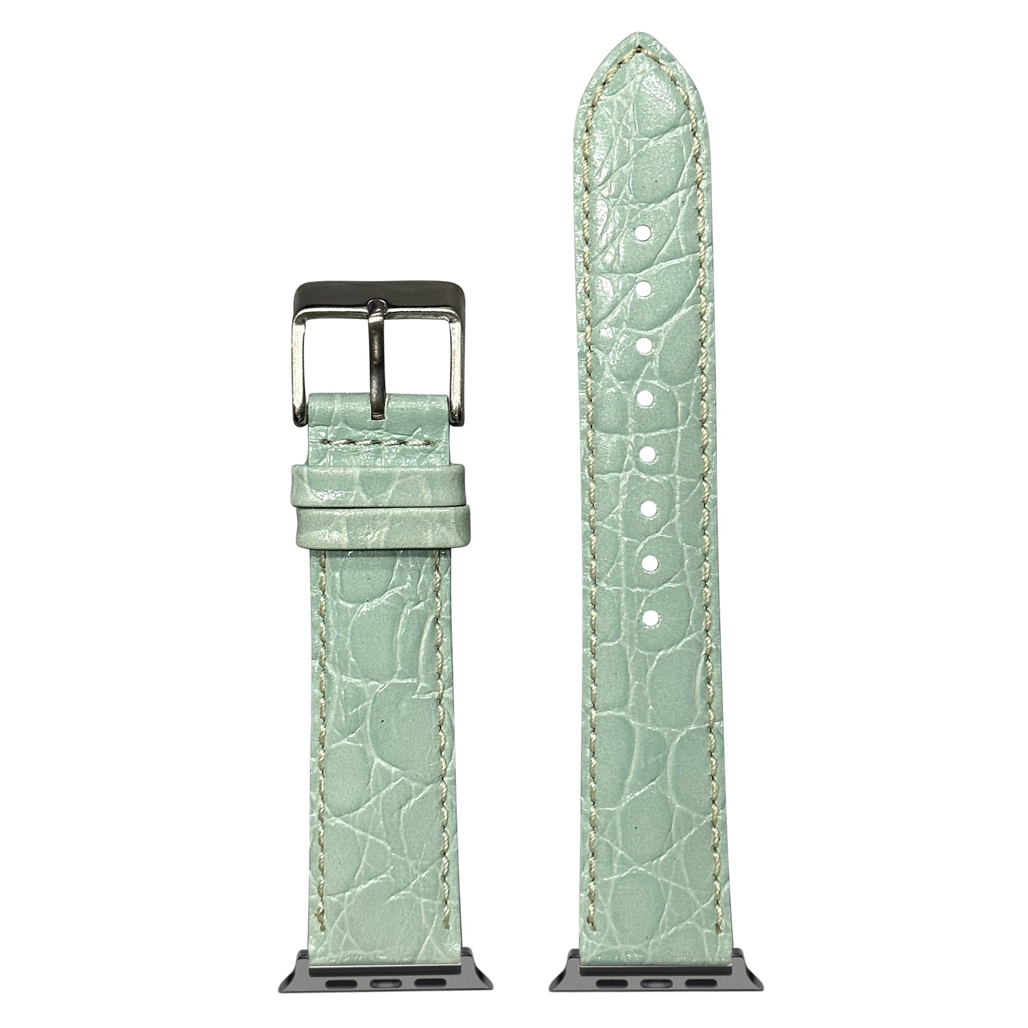 Light Tiffany blue alligator leather Apple Watch band with white stitching and buckle closure