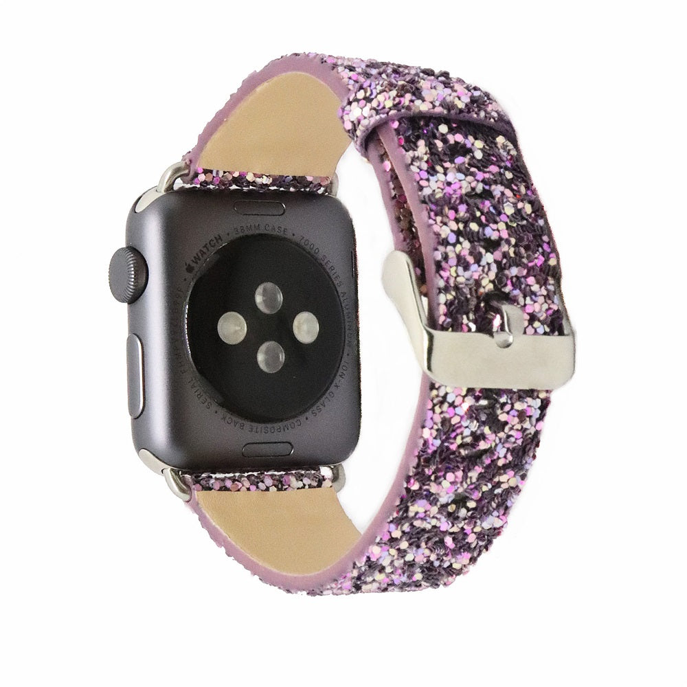 Purple glitter Apple Watch band with silver buckle and beige leather back, compatible with standard Apple Watch cases