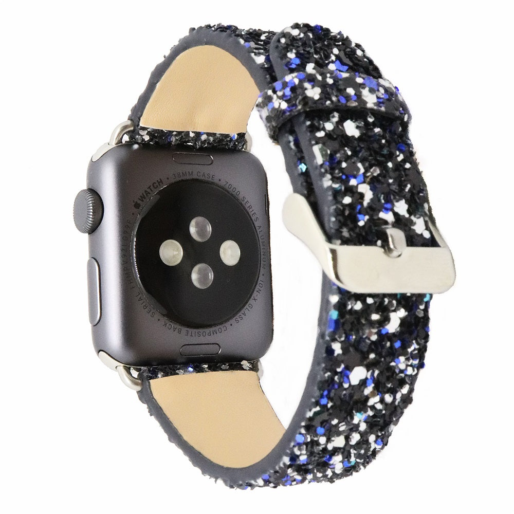 Black blue white glitter smartwatch band with cream leather trim for Apple Watch 38mm case