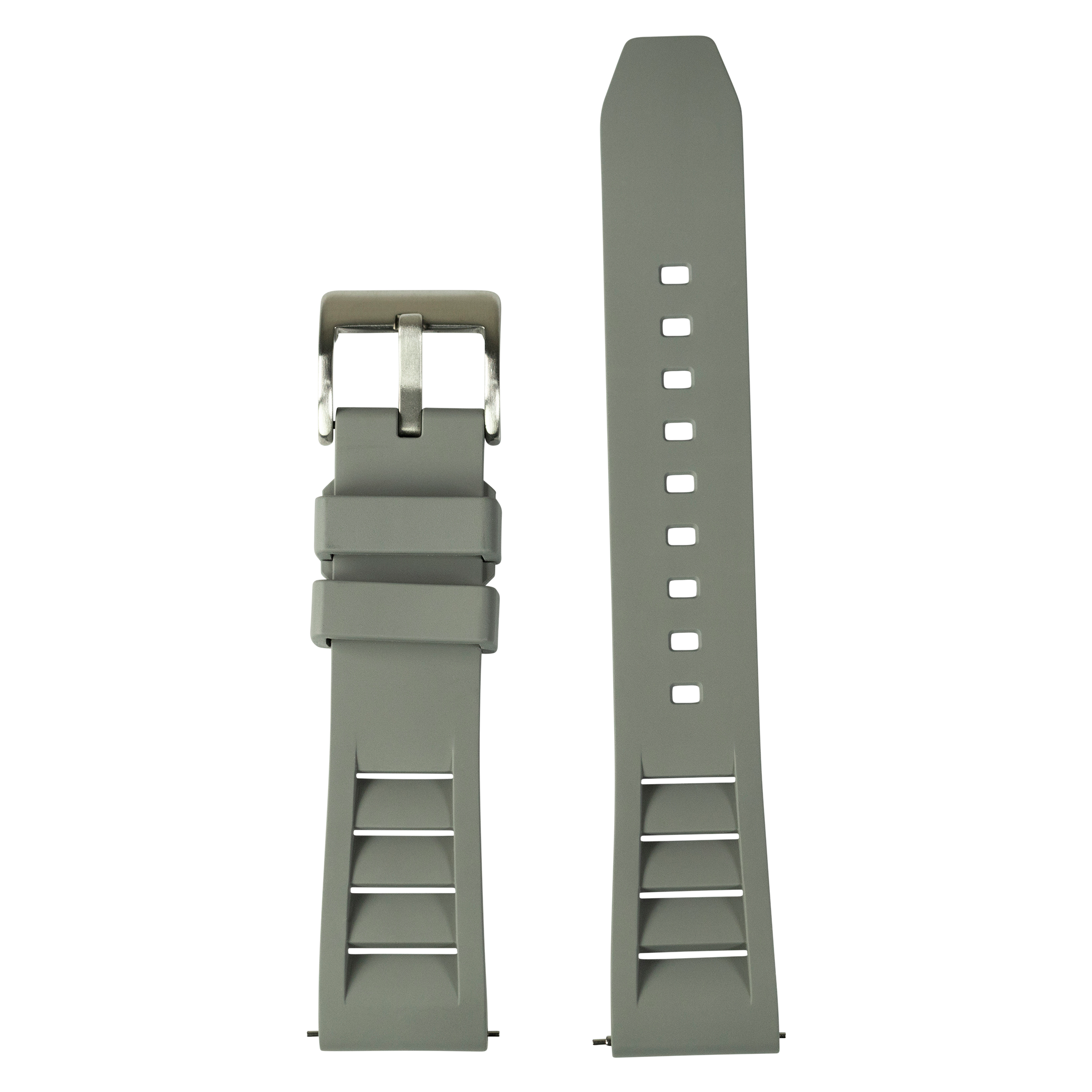 Grey QuickFit Shark Fin FKM rubber watch strap 26mm with metal buckle, front and back view