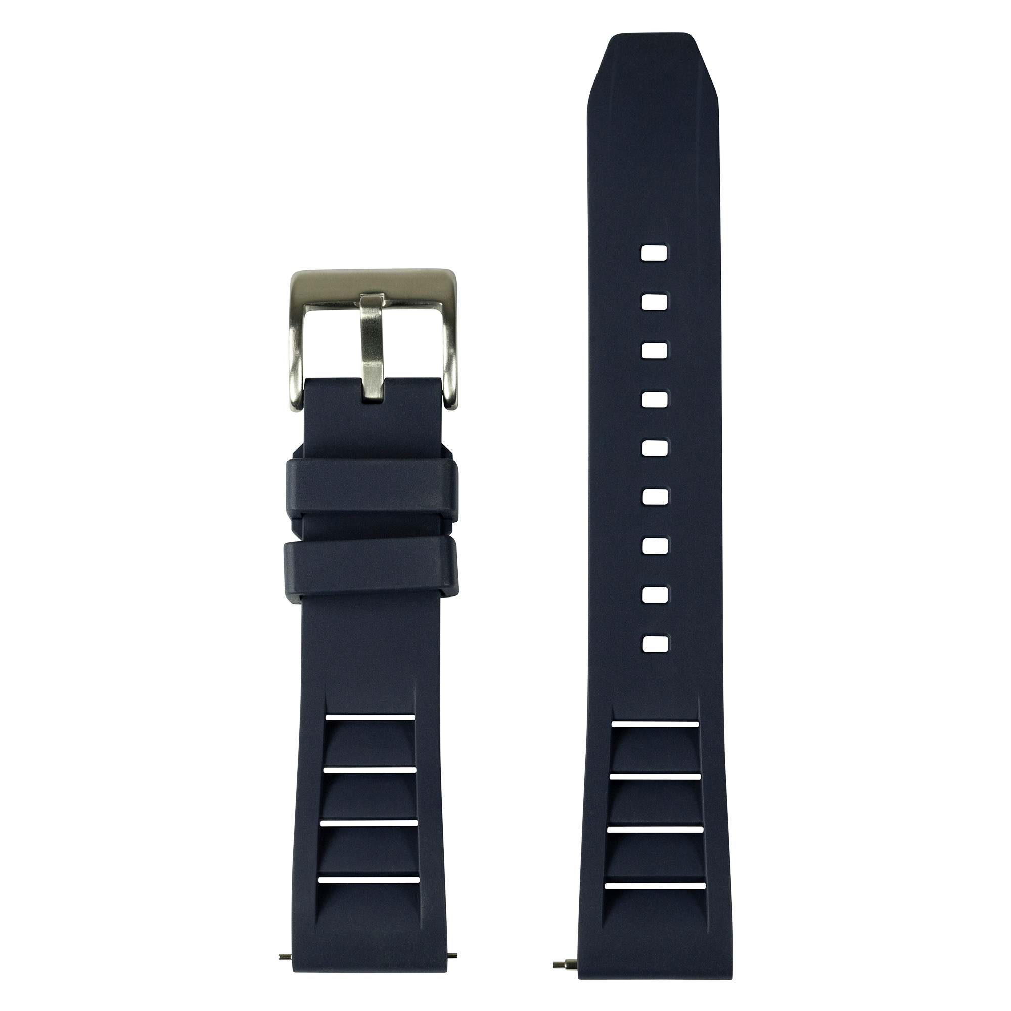 Black rubber watch strap with quick-release bars, silver buckle, and white rectangular hole markers, shown front and back views