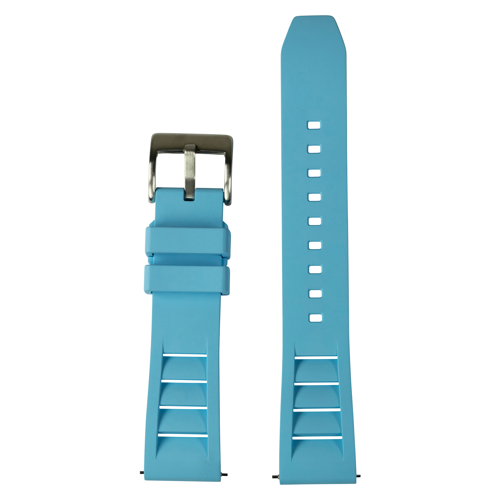 Sky blue FKM rubber watch strap with metal buckle and quick-fit connector, 26mm width shown front and back