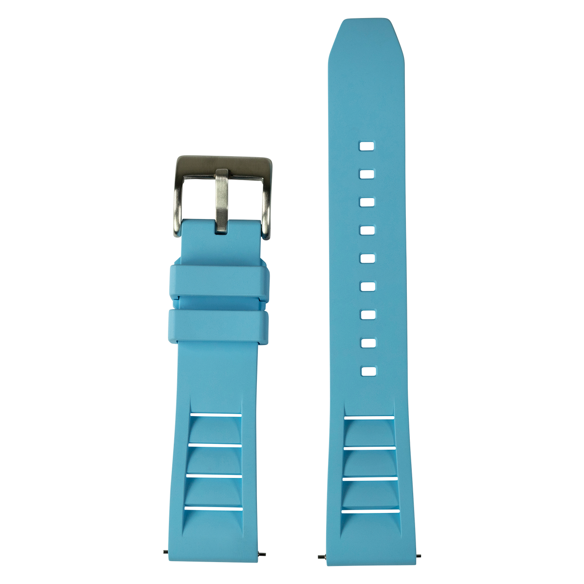 Turquoise FKM rubber watch band with metal buckle and adjustment holes, displayed separated and attached