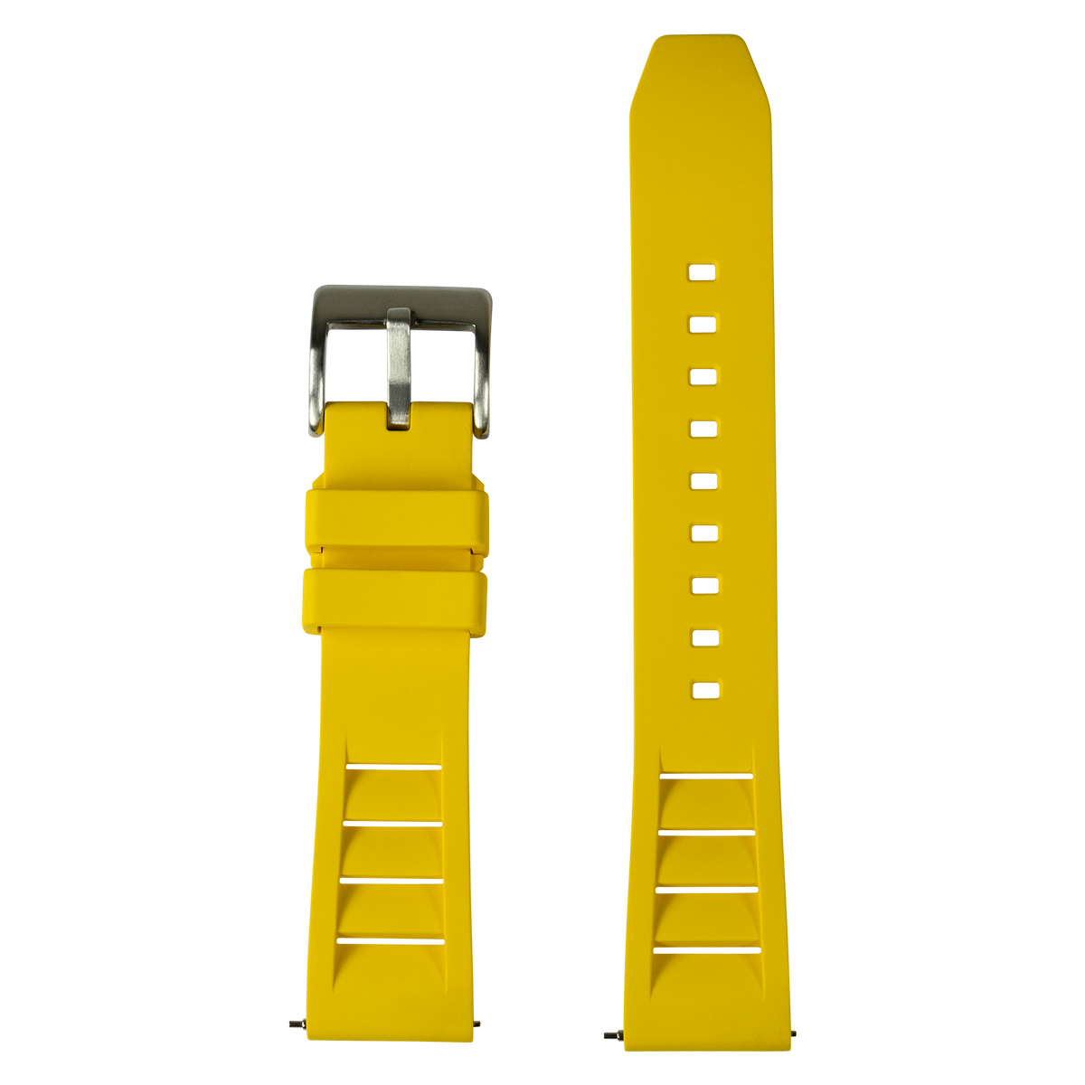 Yellow FKM rubber watch band with stainless steel buckle and white adjustment holes, compatible with Galaxy Watch models
