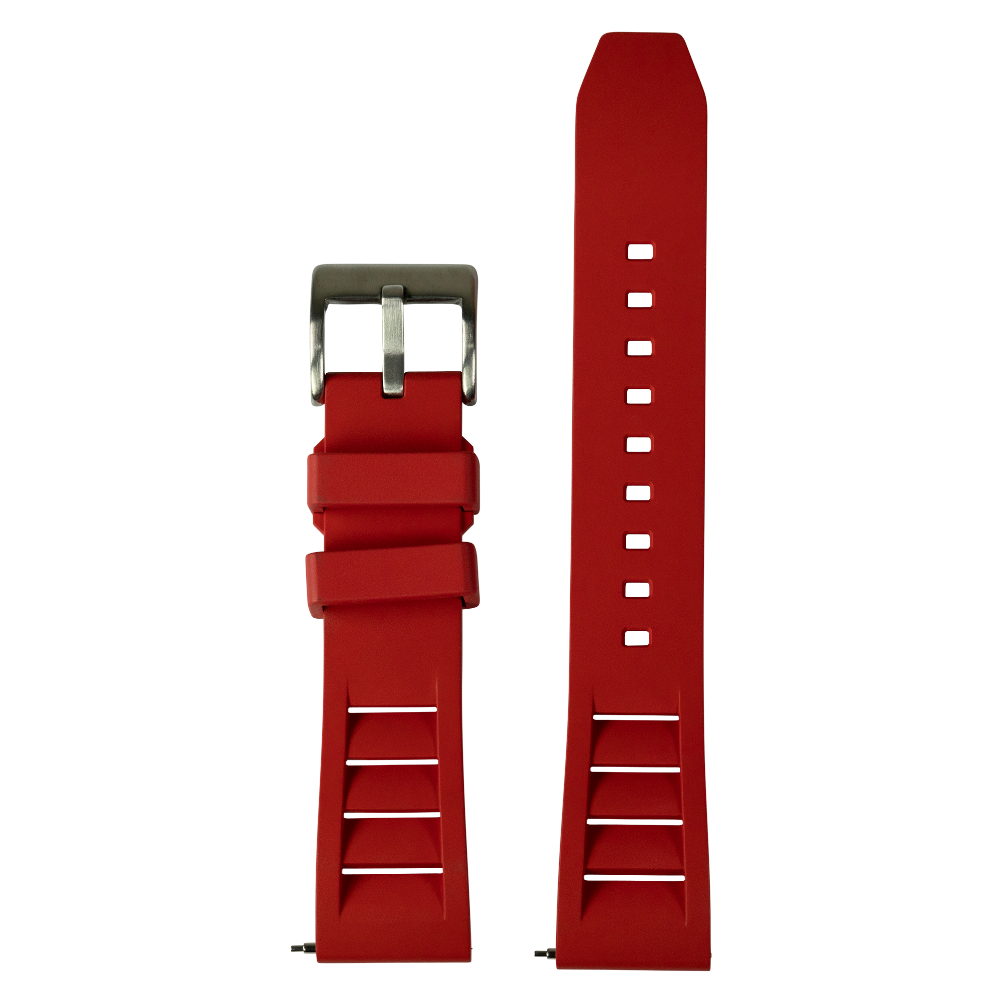 Red FKM rubber 26mm watch band with quick-fit deployment clasp and white stitching detail, displayed flat and fastened view