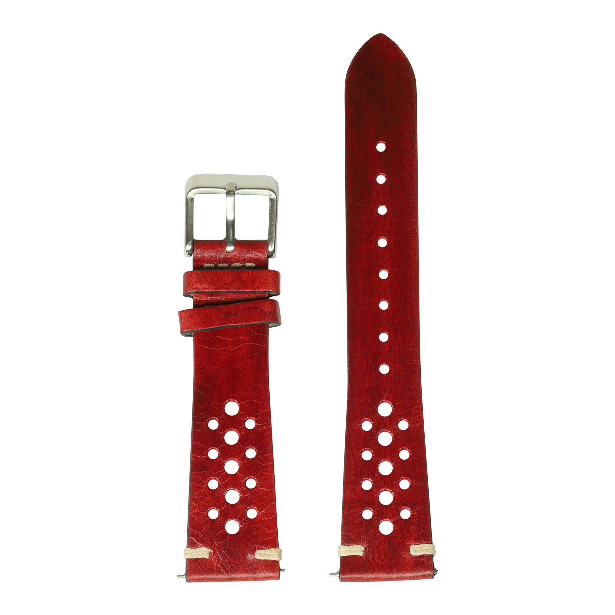 Red leather rally watch strap 26mm with white perforations, silver buckle, and vintage burnished finish