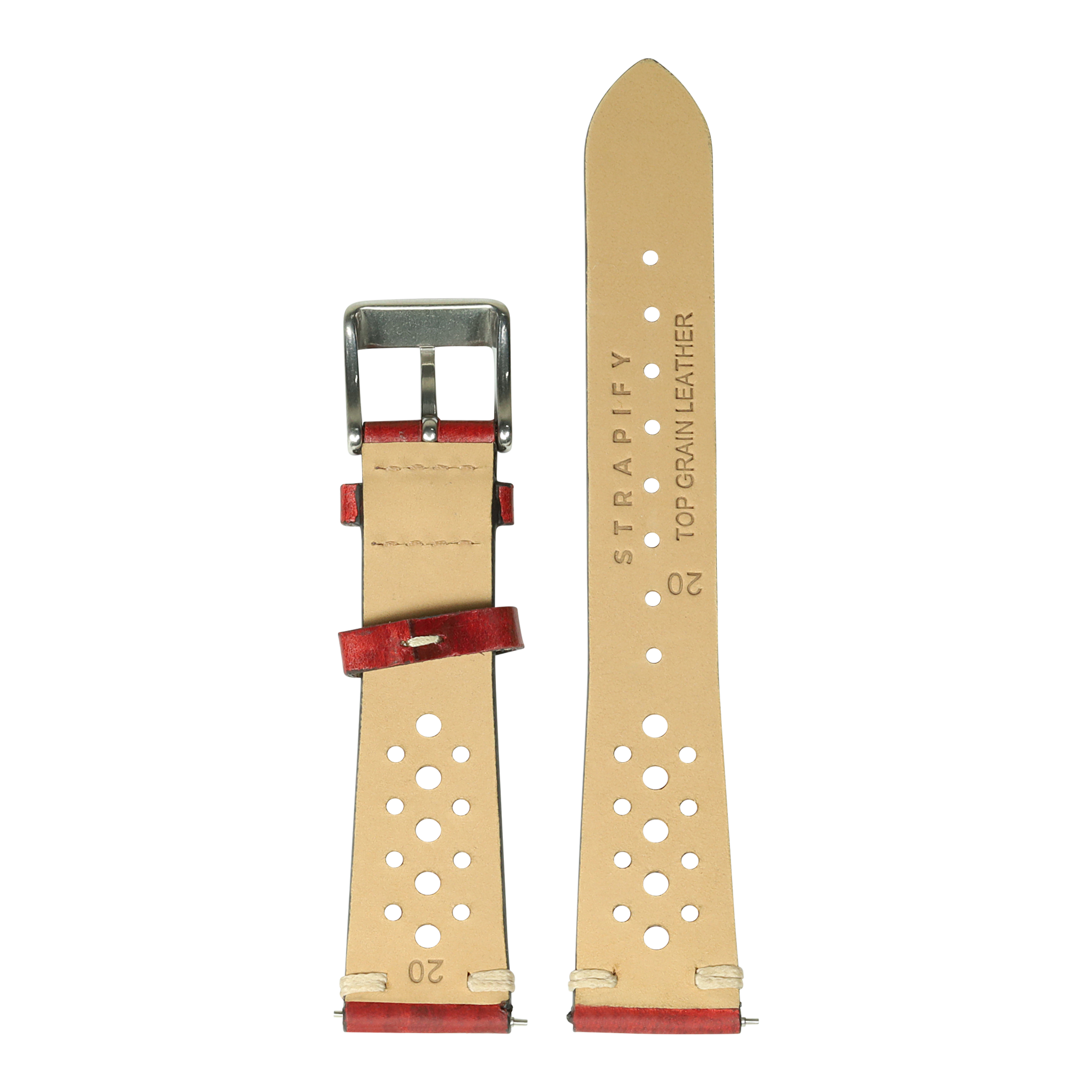 Vintage Rally burnished red leather watch strap with quick release, perforated design, metal buckle, 20mm top grain leather band