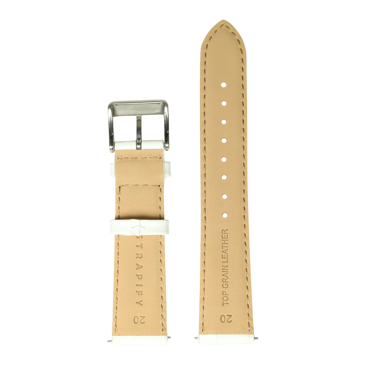 Tan top grain leather watch strap with white stitching and stainless steel buckle for Fitbit Versa 3, Versa 4, Sense smartwatches
