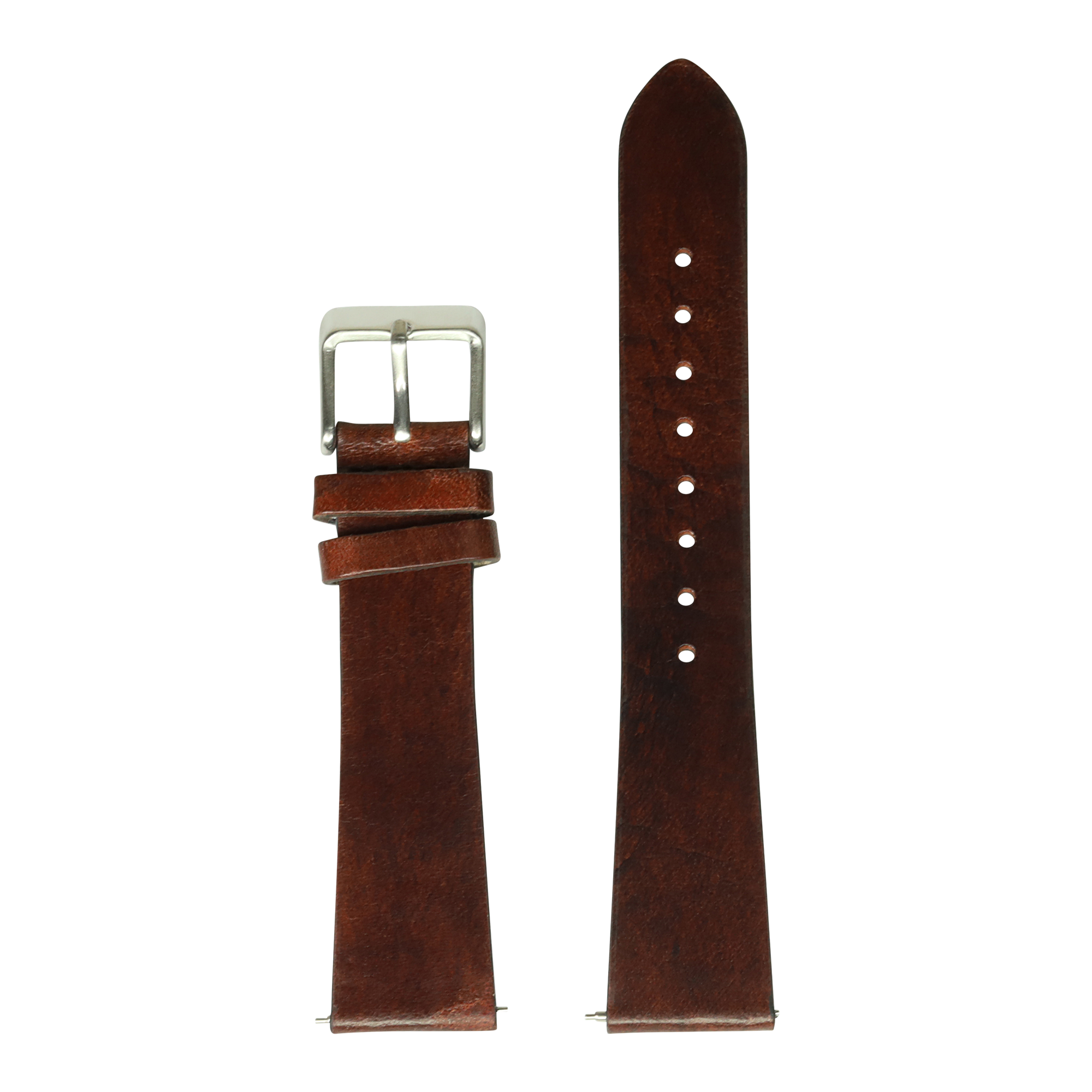 Vintage smoked dark brown leather watch strap 26mm with silver buckle and white stitch detailing