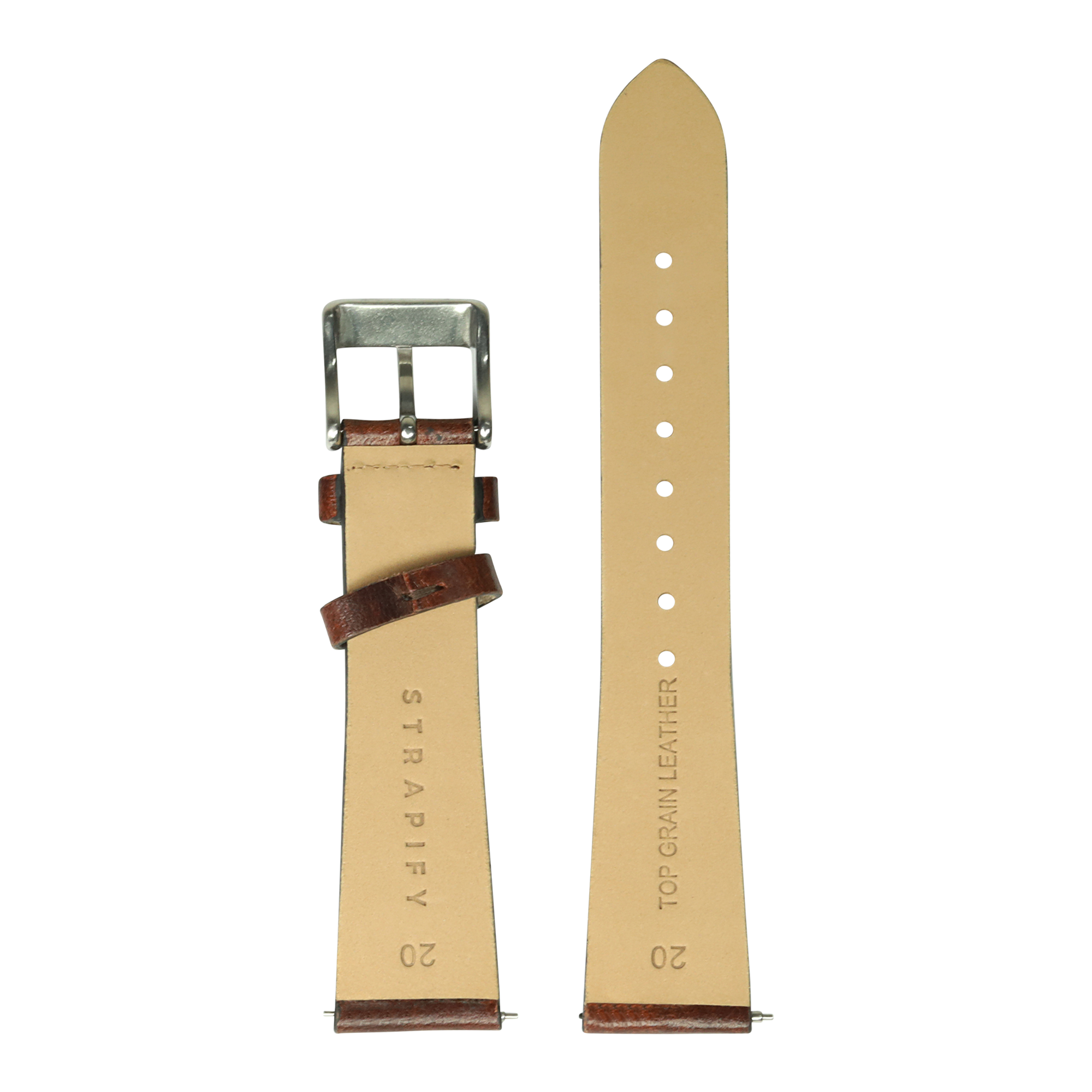 Vintage leather quick release watch strap in smoked dark brown, 20mm, with brushed steel buckle and cream suede underside