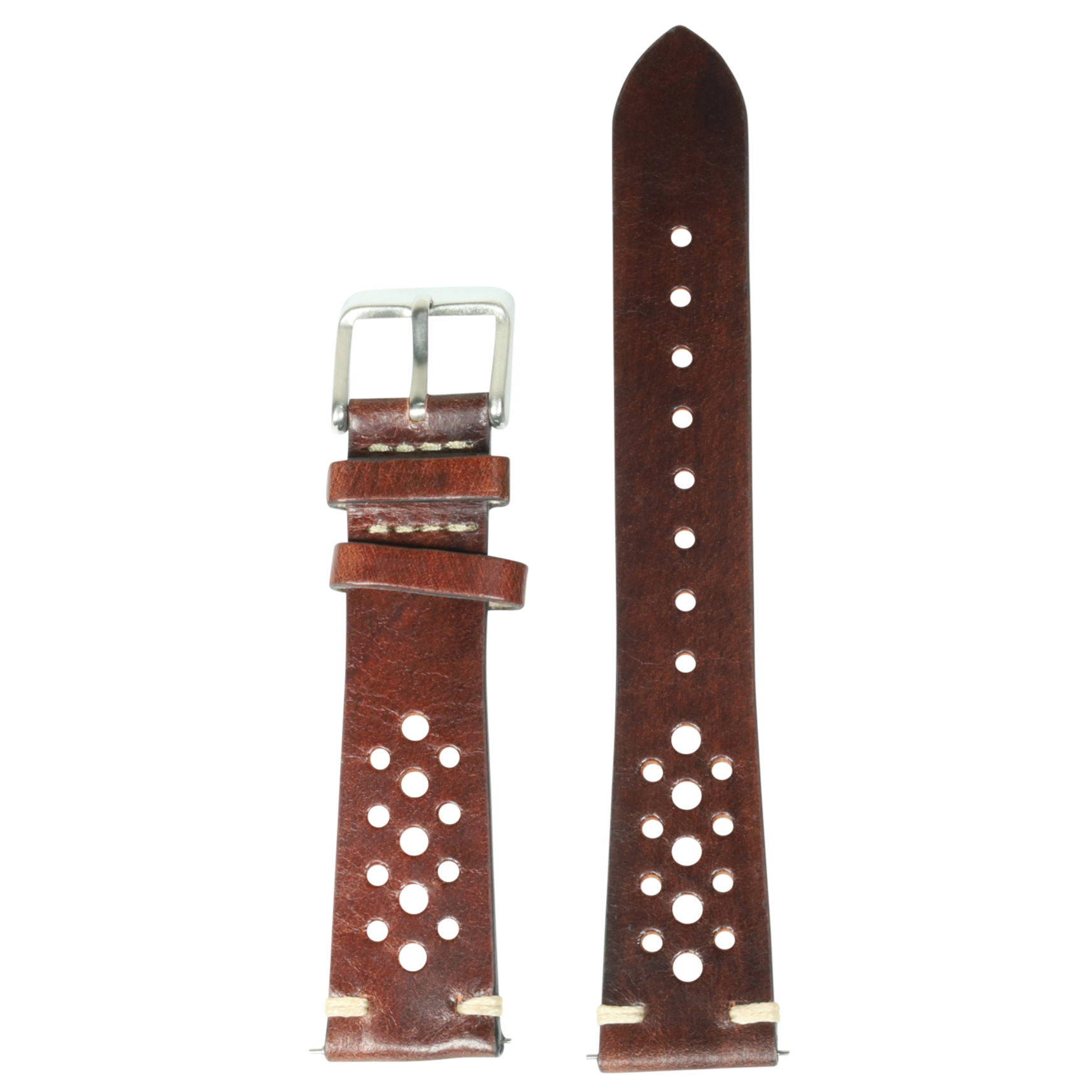 Brown vintage rally leather Apple Watch band with perforated holes and silver buckle