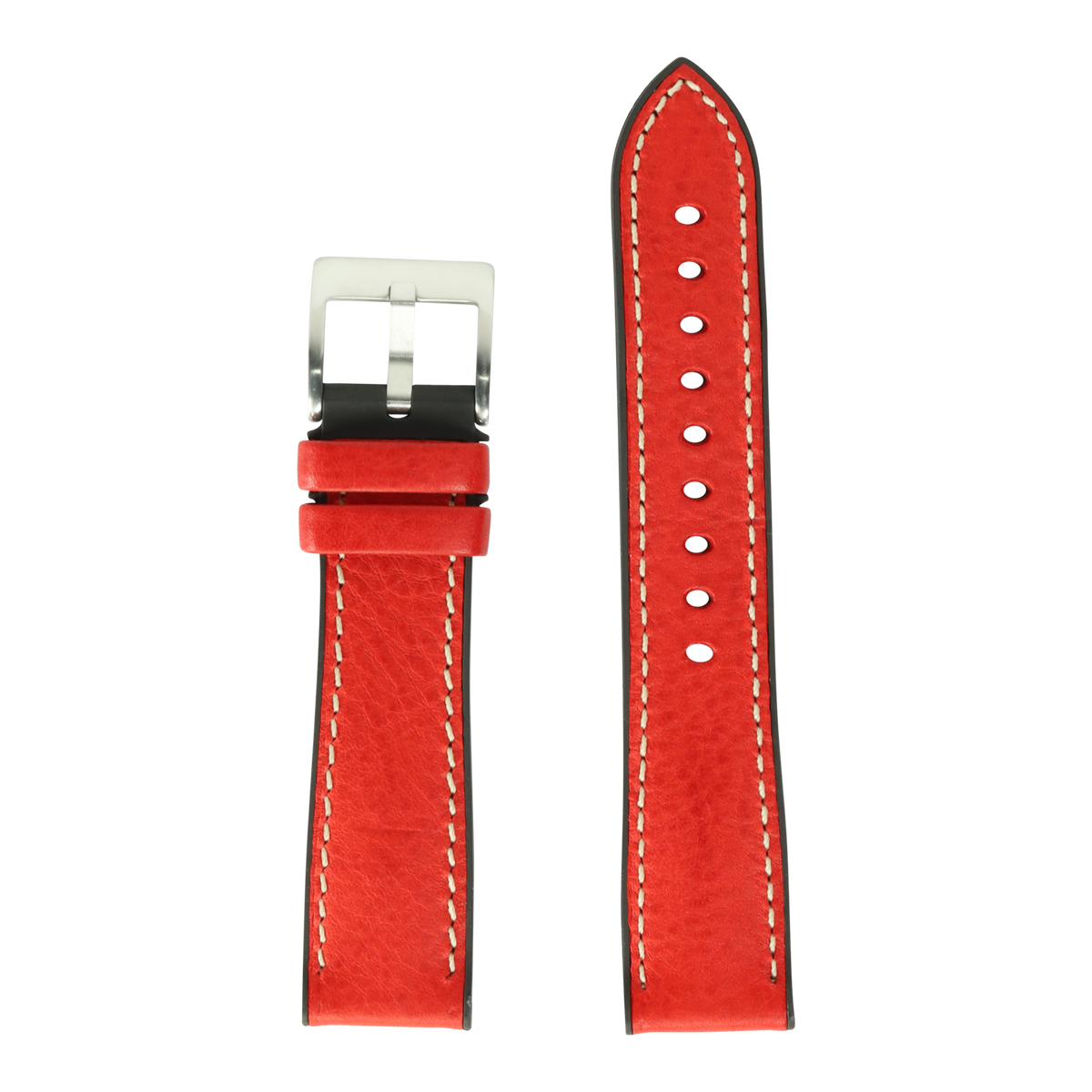 Red Italian leather watch band with white contrast stitching, silver buckle, and black rubber backing for Apple Watch