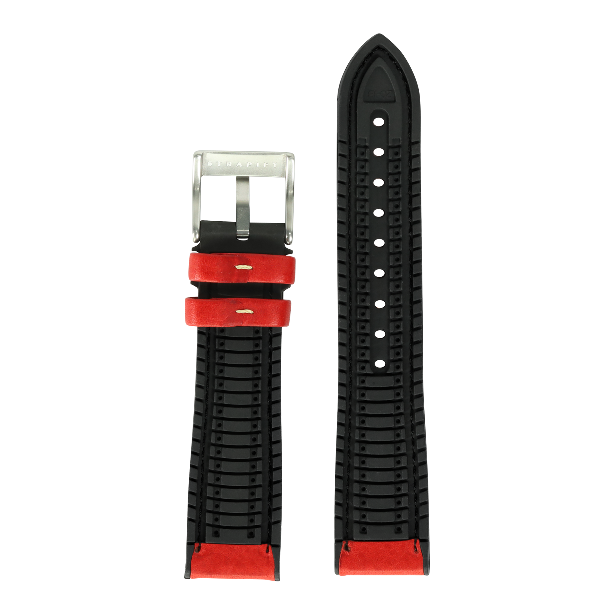 Black and red hybrid watch strap with Italian leather and FKM rubber, silver buckle, for Fitbit Versa and Sense