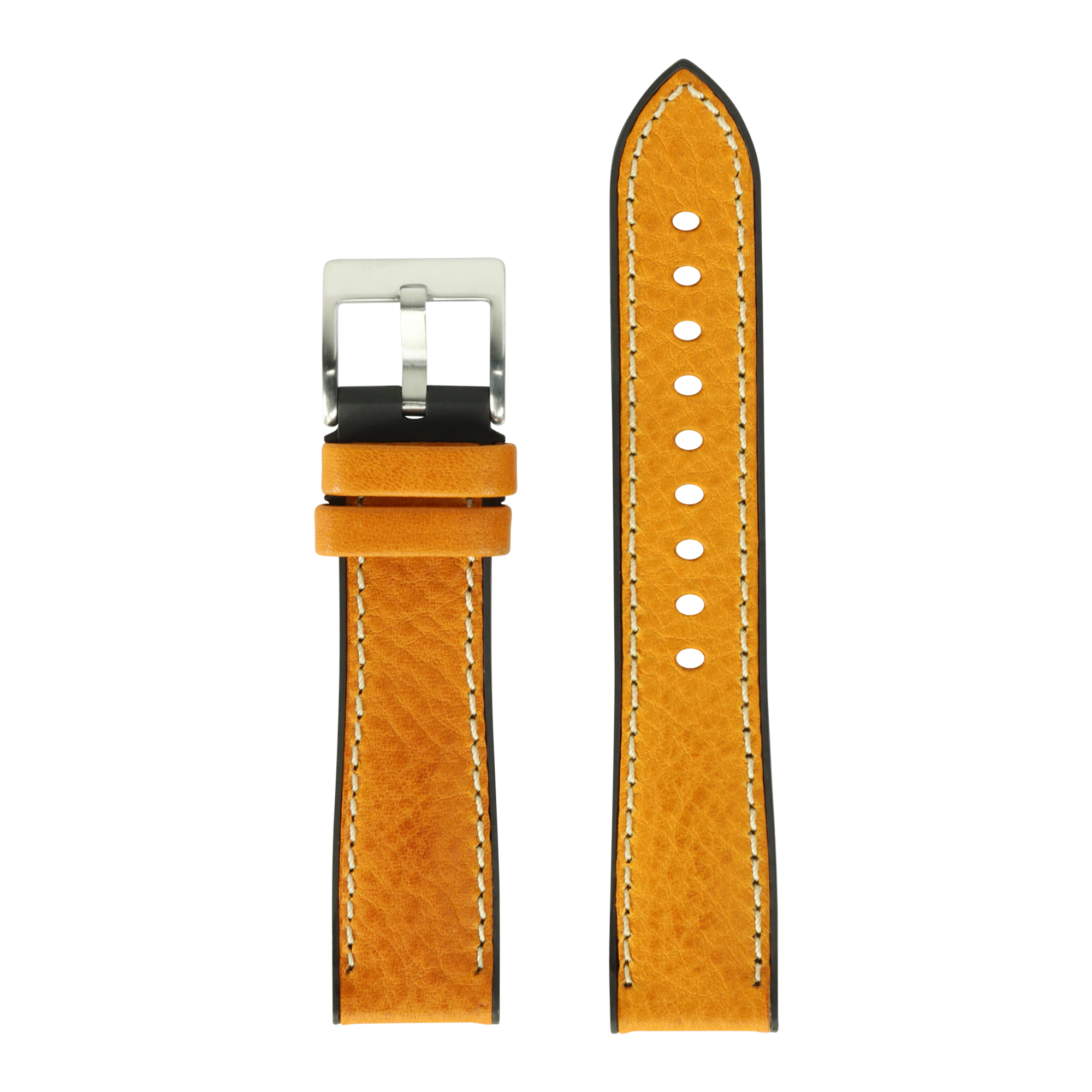 Italian leather and FKM rubber hybrid watch strap with tan leather, white stitching and stainless steel buckle