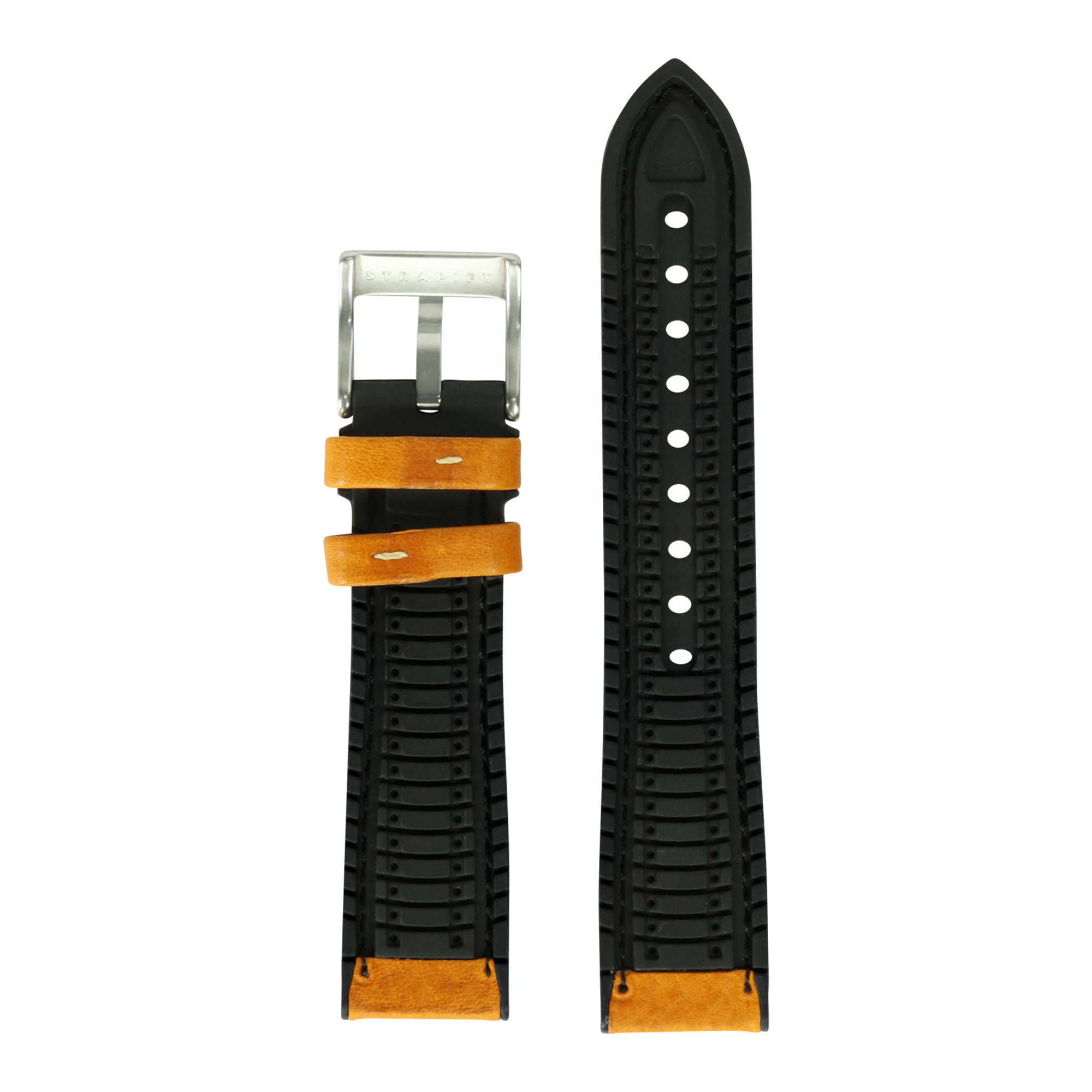 Black FKM rubber watch strap with tan leather accents and stainless steel buckle, hybrid design