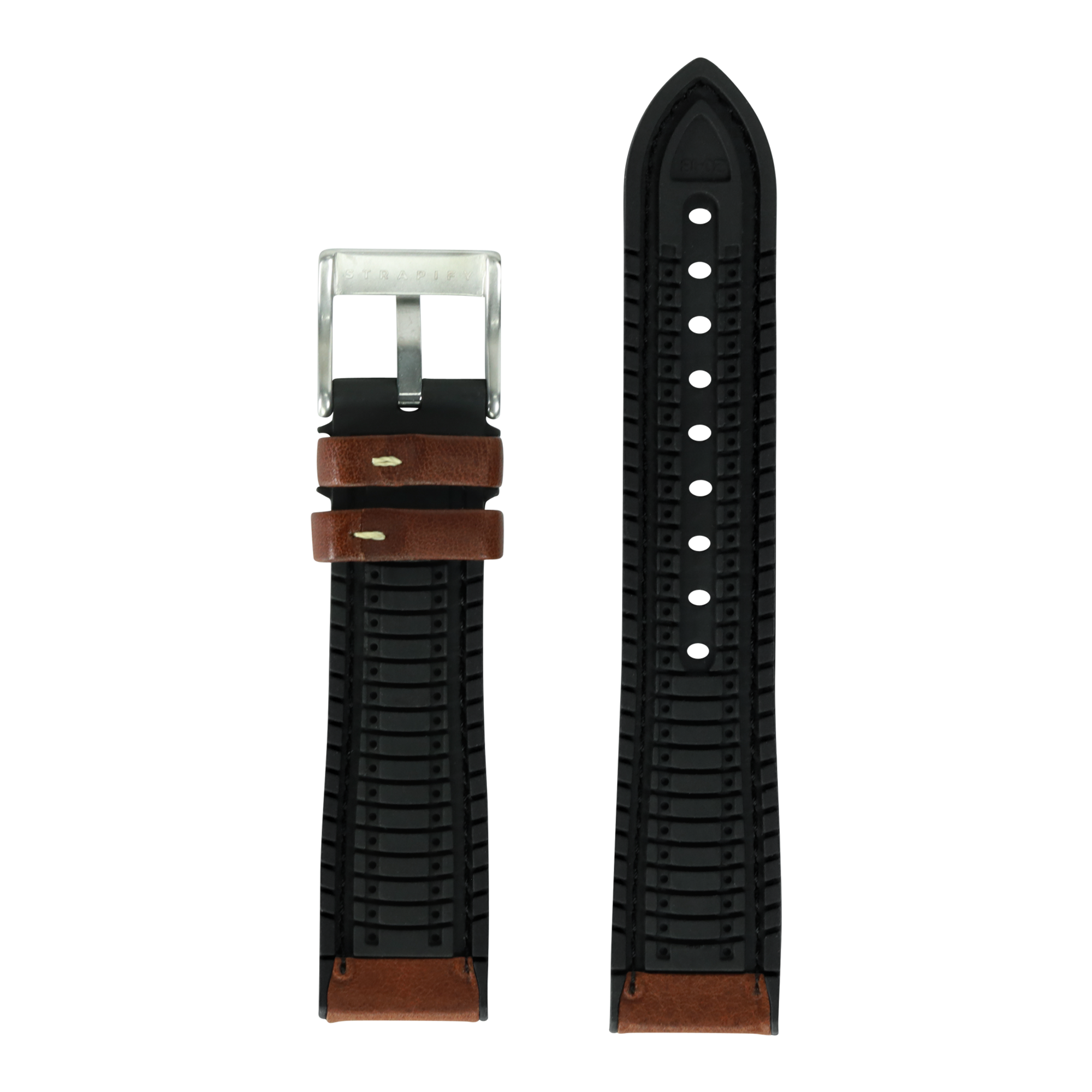 Black rubber watch band with brown leather accents and silver buckle for Fitbit Versa and Sense smartwatches