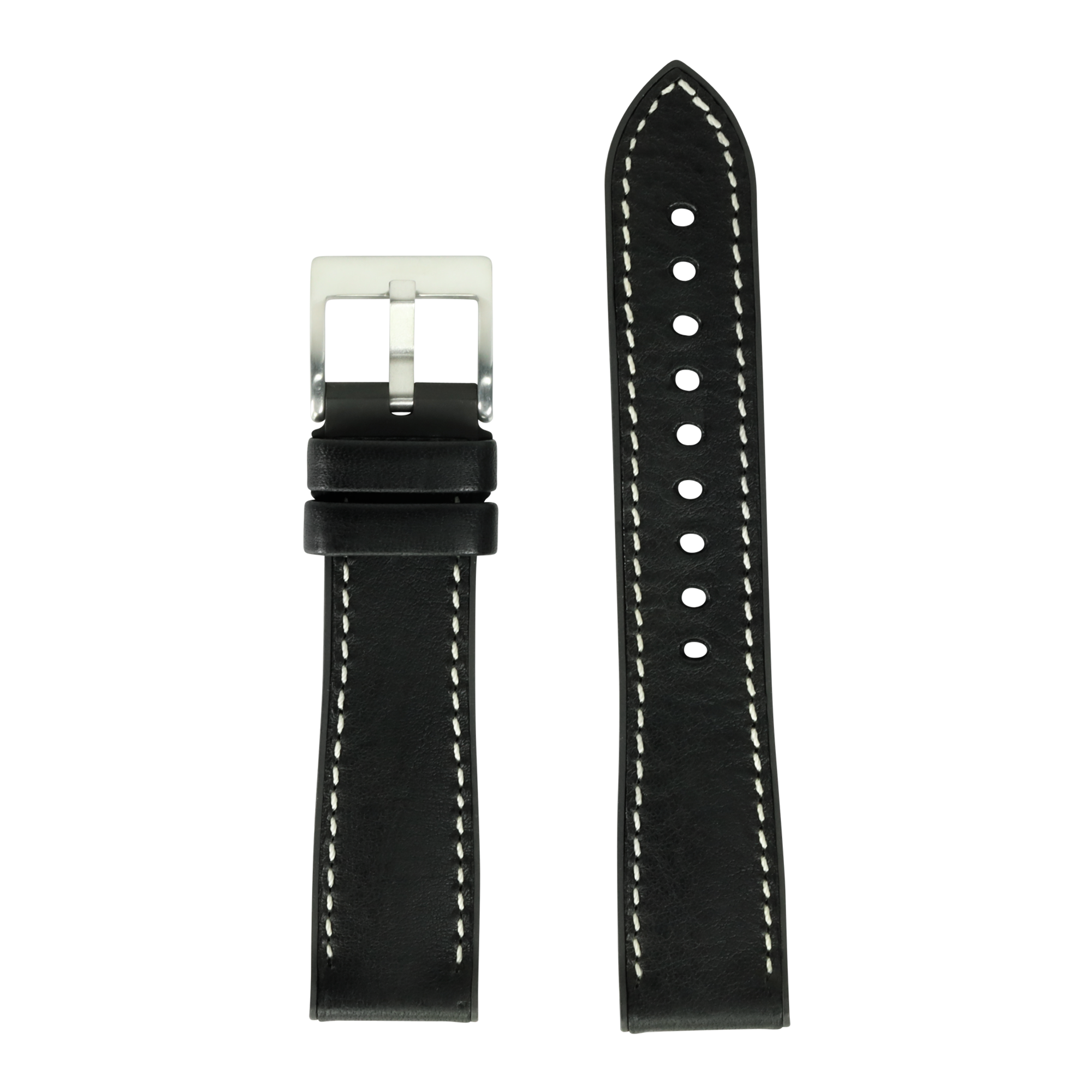 Black leather watch strap with white stitching, silver buckle and curved end