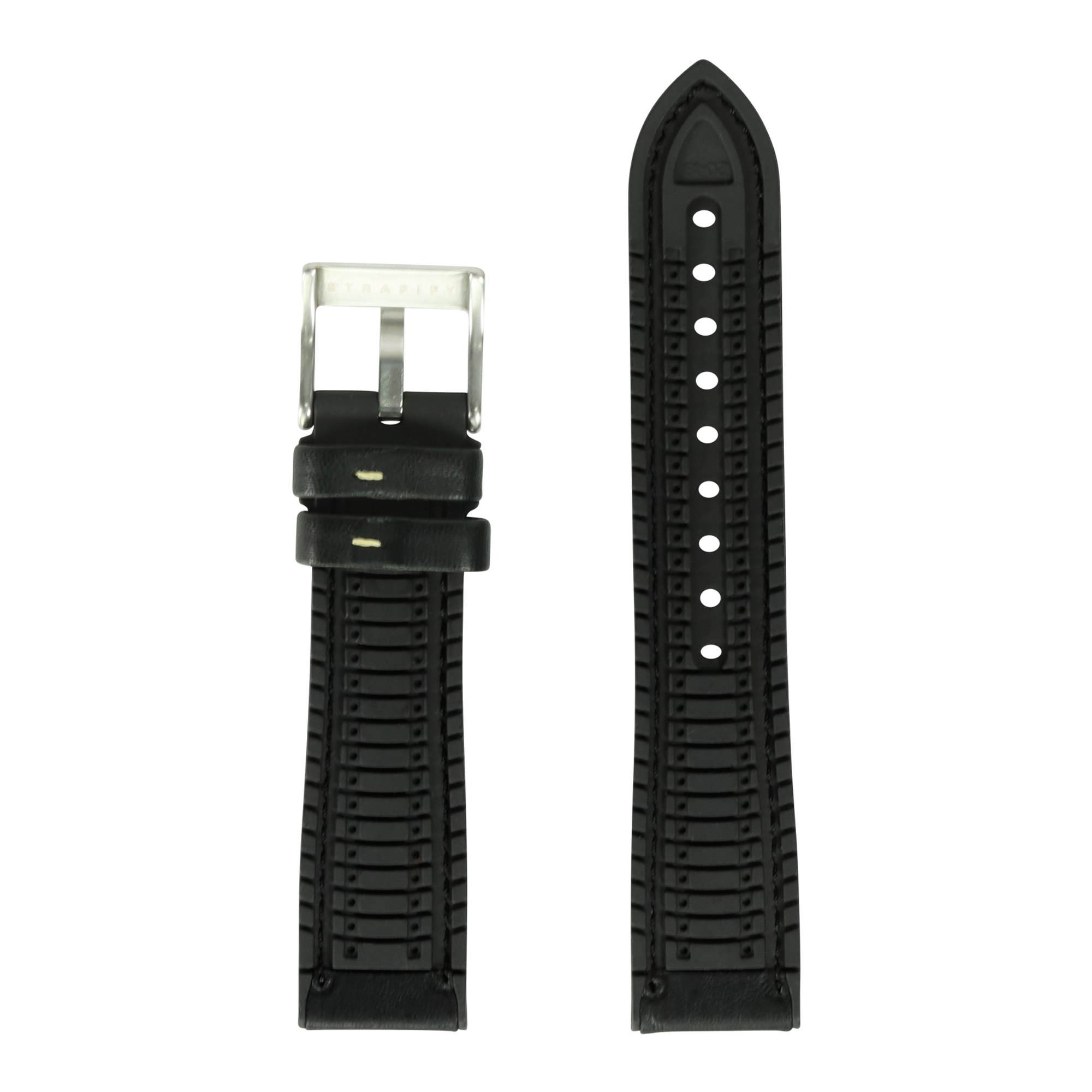 Black leather and rubber hybrid watch band with tapered design and stainless steel buckle for Fitbit Versa and Sense smartwatches