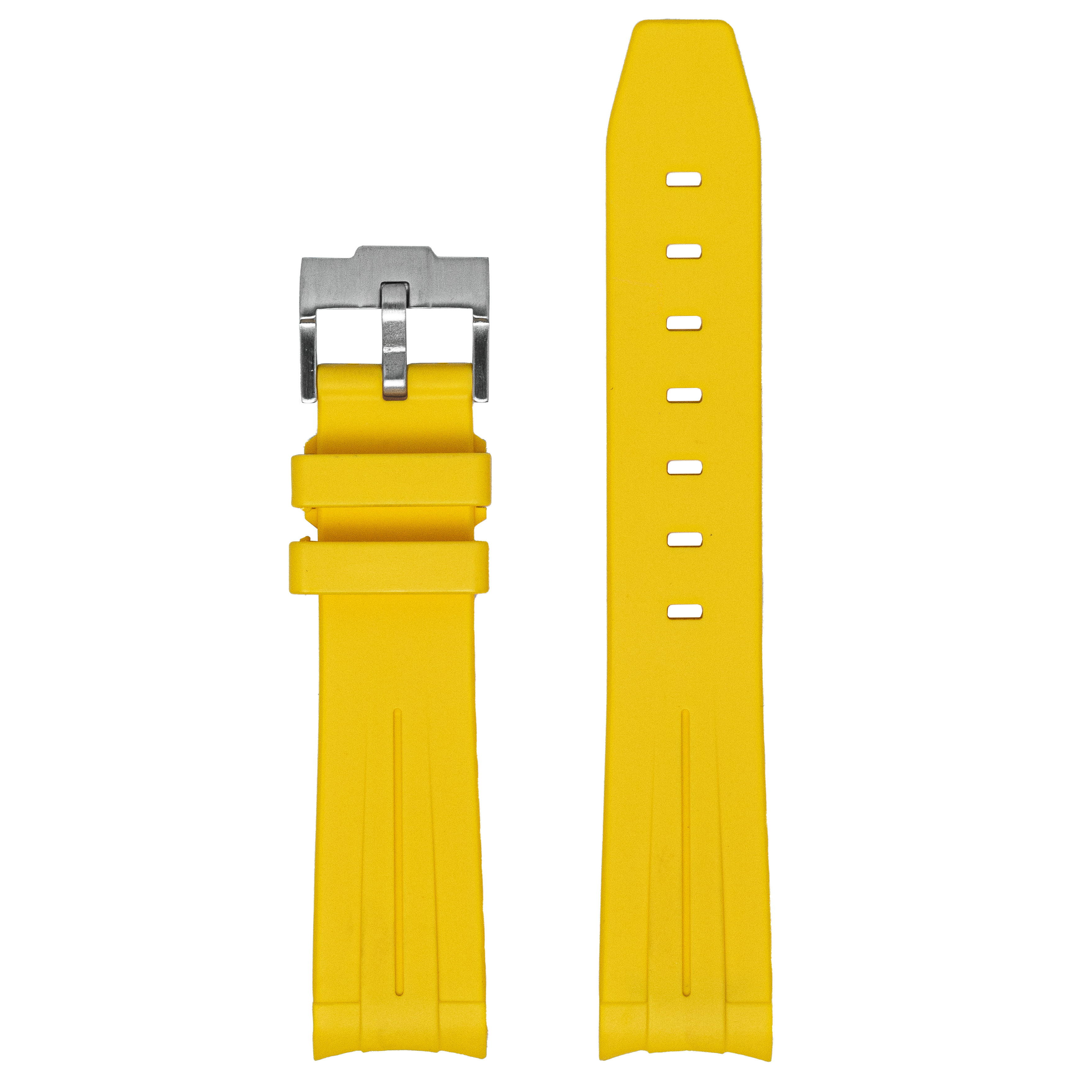 Yellow rubber watch band with curved ends and stainless steel buckle, shown folded and flat