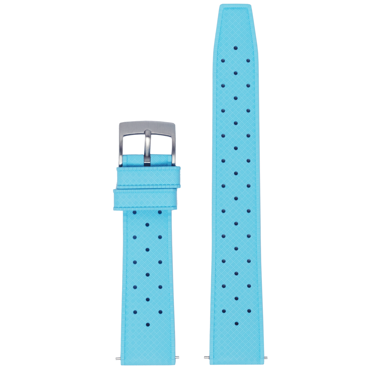 Sky blue perforated FKM rubber watch band with stainless steel buckle for Galaxy Watch, shown assembled and unattached