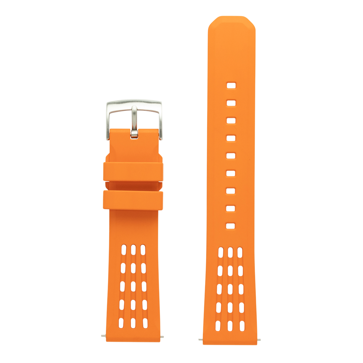 Orange FKM rubber smartwatch band with perforated ventilation holes and silver buckle for Galaxy Watch 8 and Ultra