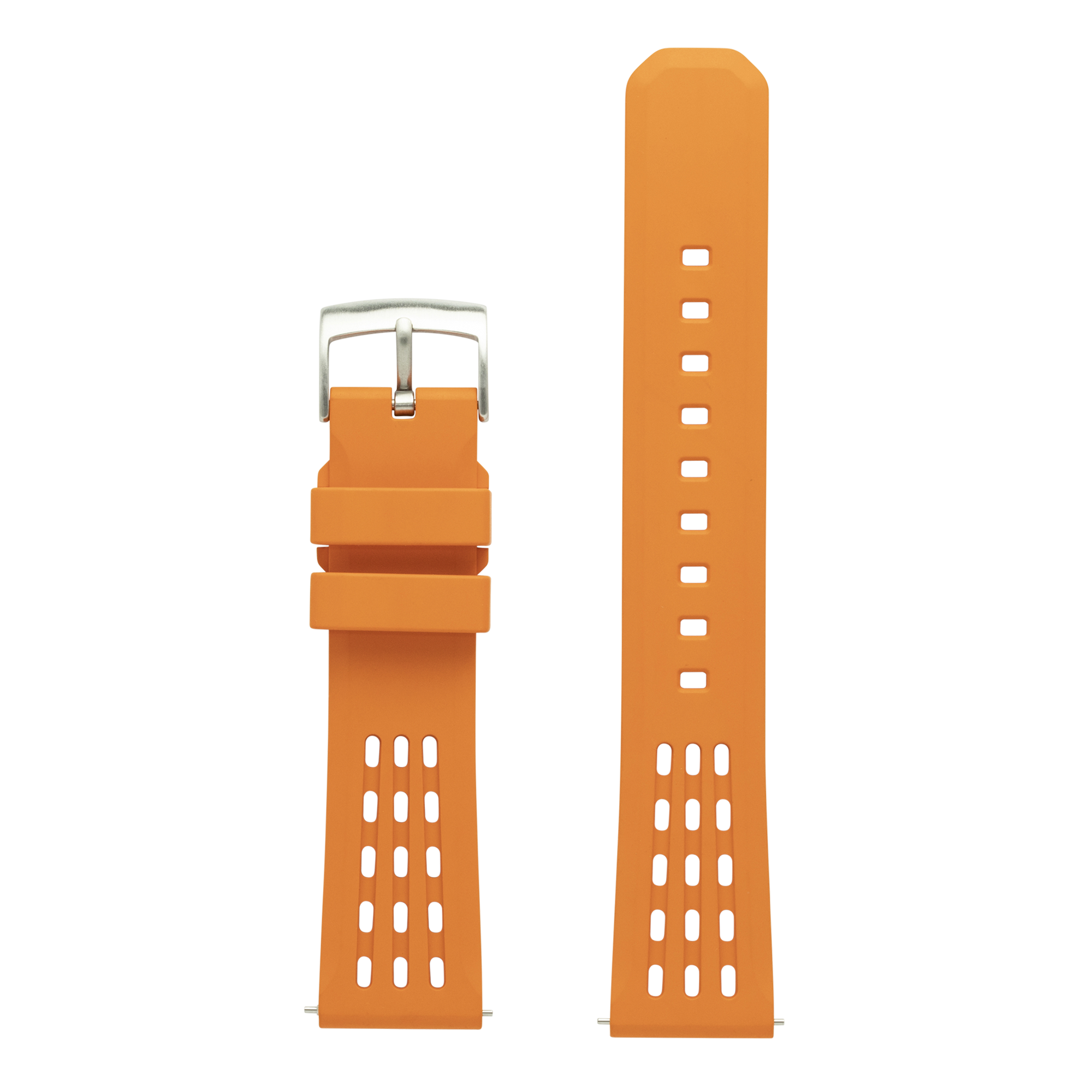 Orange FKM rubber quick release watch strap with perforated design and silver buckle