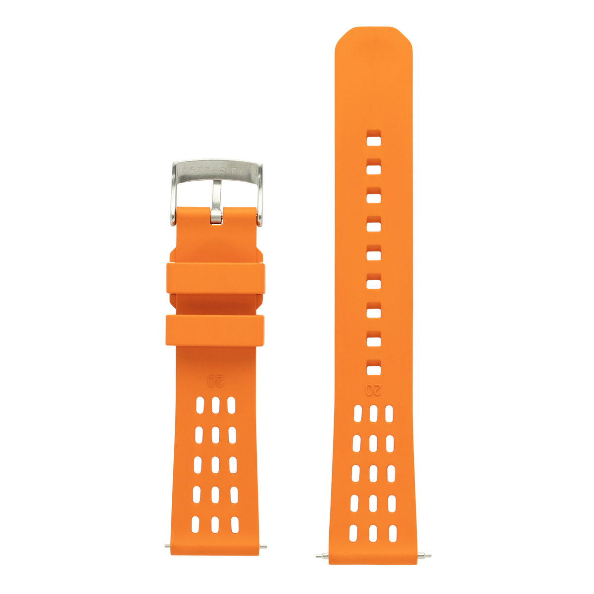 Orange FKM rubber watch band with ventilation holes, silver buckle, and quick-release pins for Galaxy Watch 8 and Ultra smartwatches