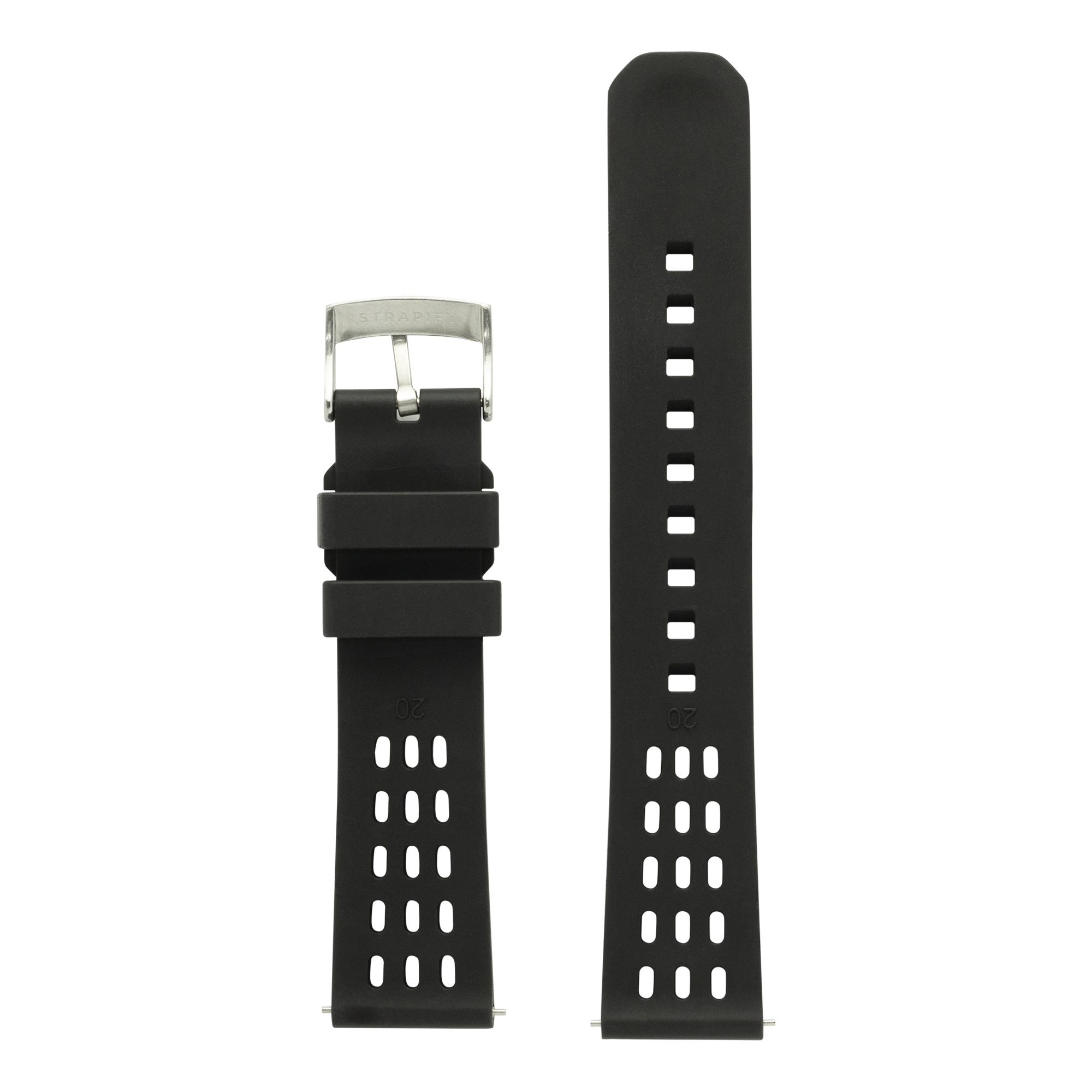 Black FKM rubber quick release watch band with perforated design and stainless steel buckle