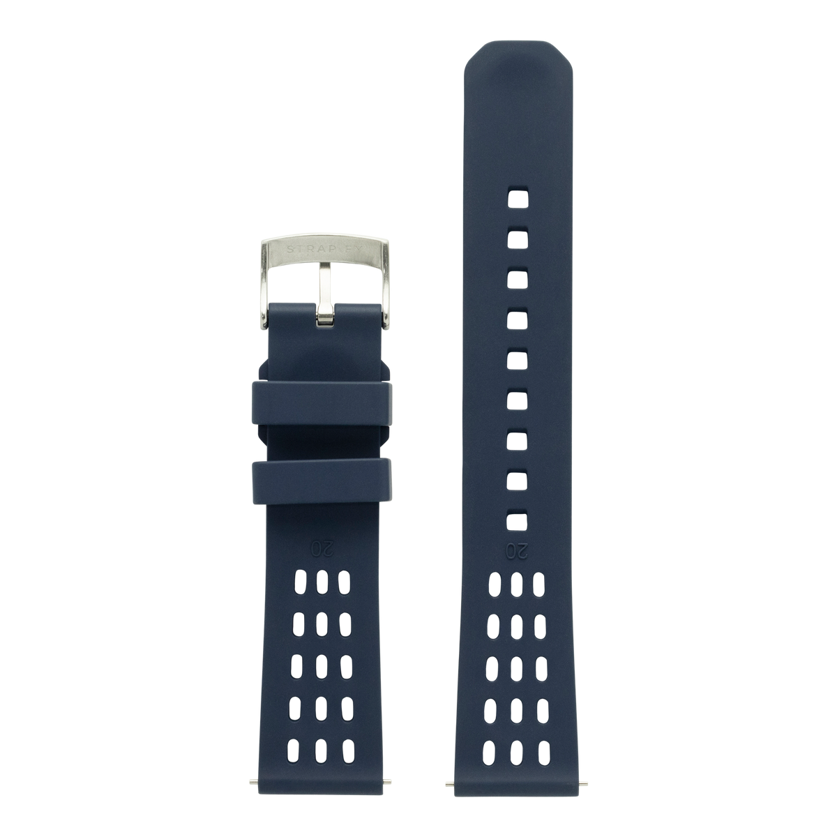 Dark blue FKM rubber smartwatch band with ventilation holes and stainless steel buckle for Galaxy Watch