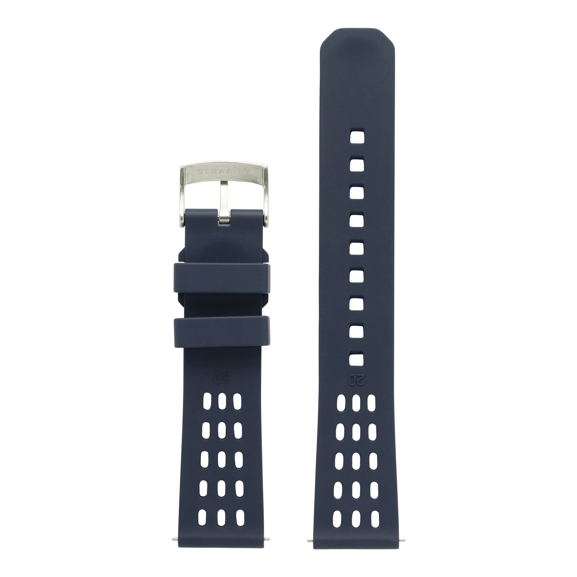 Navy blue FKM rubber quick release watch strap with ventilation holes and stainless steel buckle