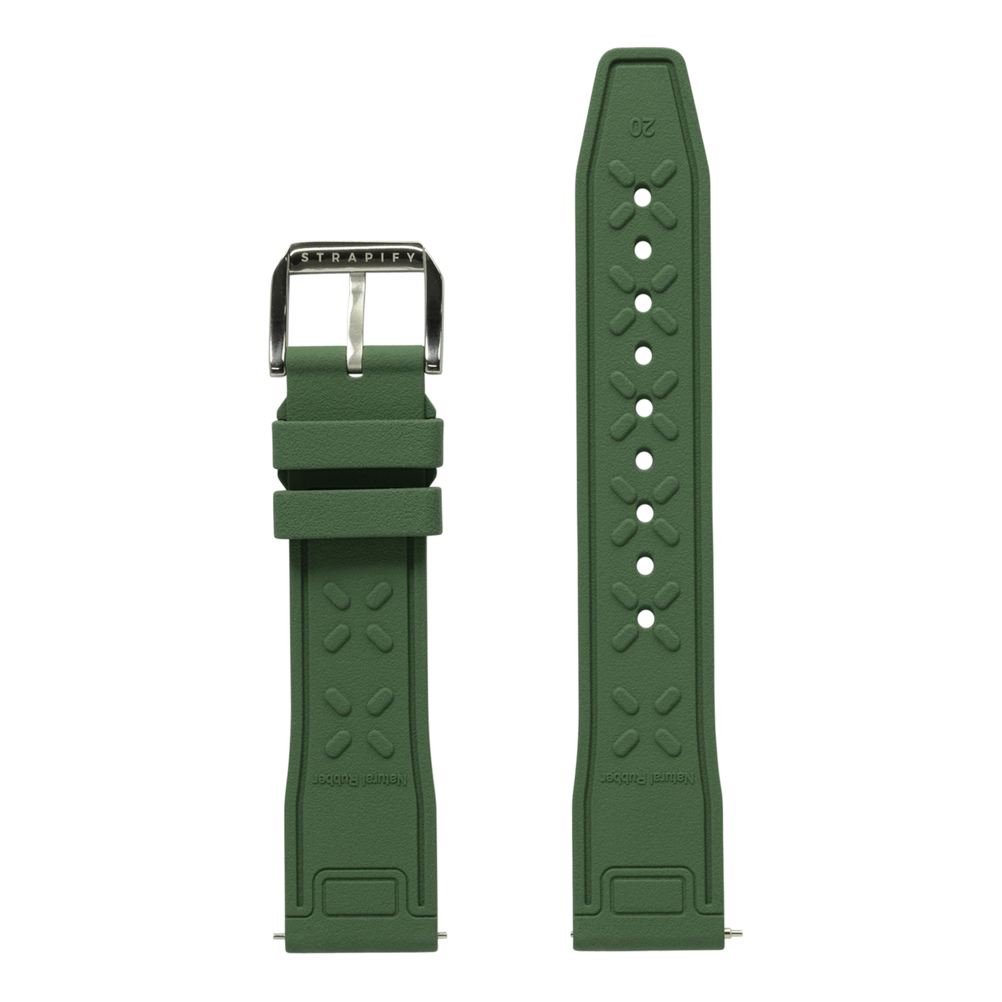 Green FKM rubber quick release watch strap with embossed pattern, stainless steel buckle, and adjustment holes by Strapify