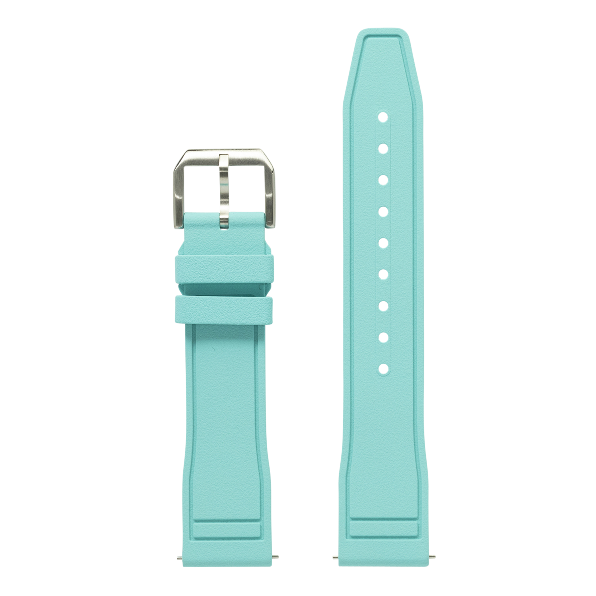 Turquoise FKM rubber quick release watch strap with stainless steel buckle and white stitching holes