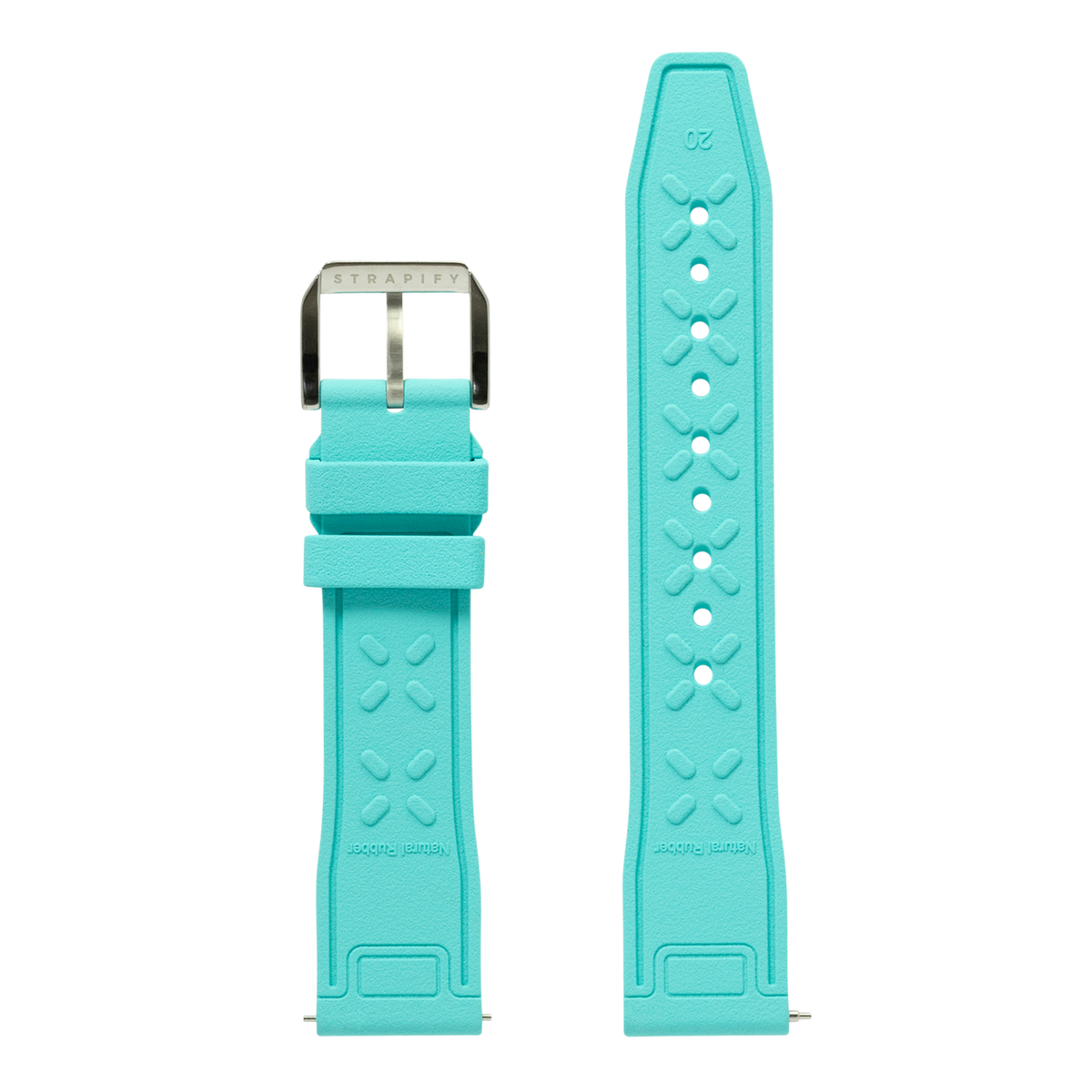 Turquoise FKM rubber Apple Watch band with silver buckle and embossed pattern detail