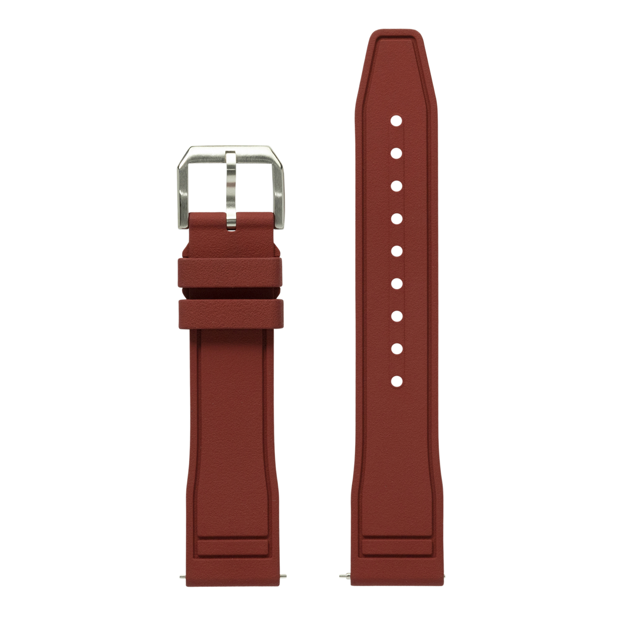 Burgundy FKM rubber watch band with stainless steel buckle and white hour markers, designed for Apple Watch