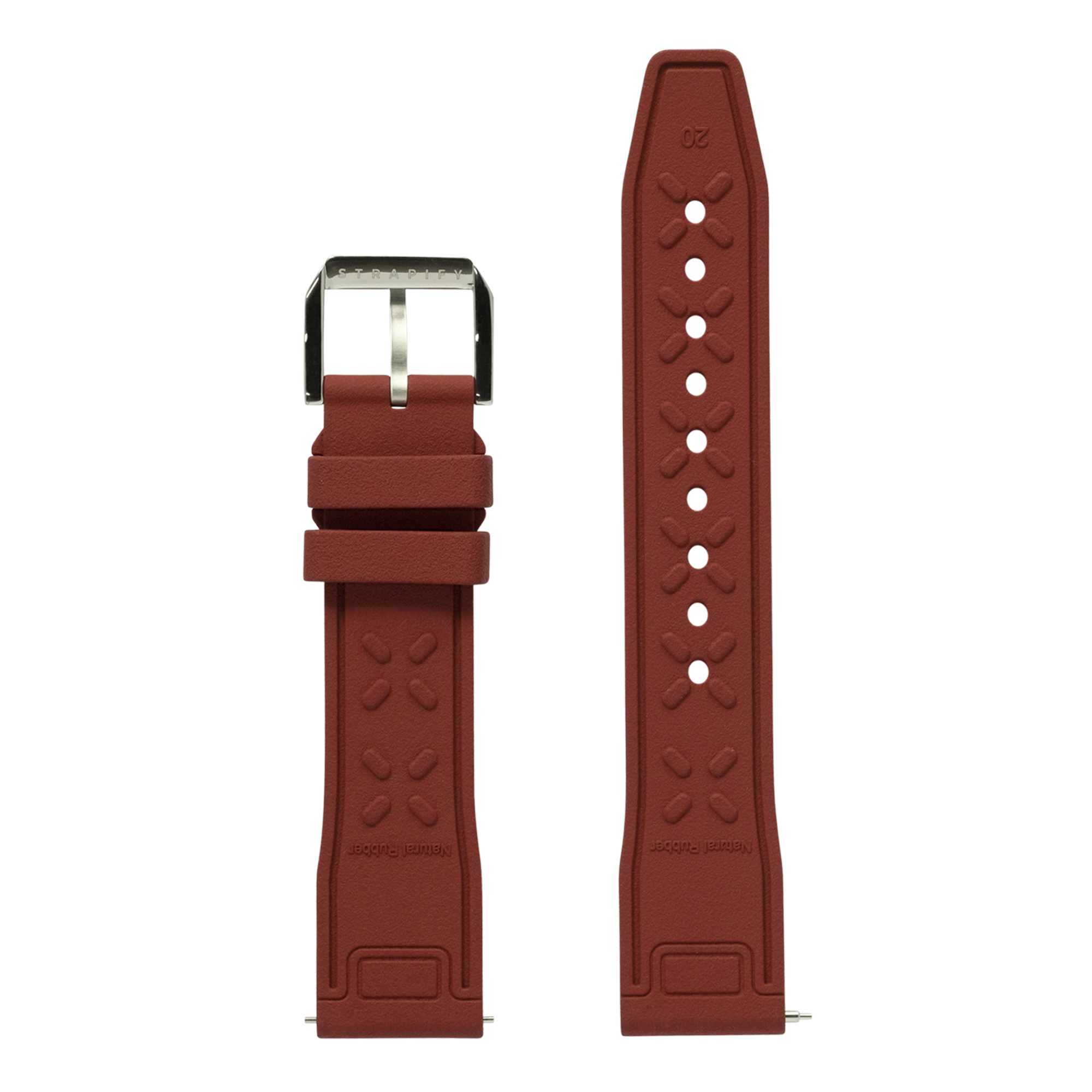 Burgundy FKM rubber watch band with decorative stitching, stainless steel buckle, and quick-release pins for Apple Watch
