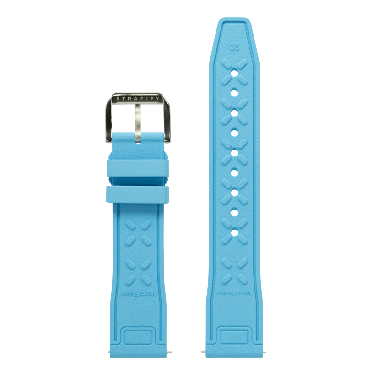 Blue FKM rubber watch band with textured pattern and stainless steel buckle, Strapify brand, fits Apple Watch