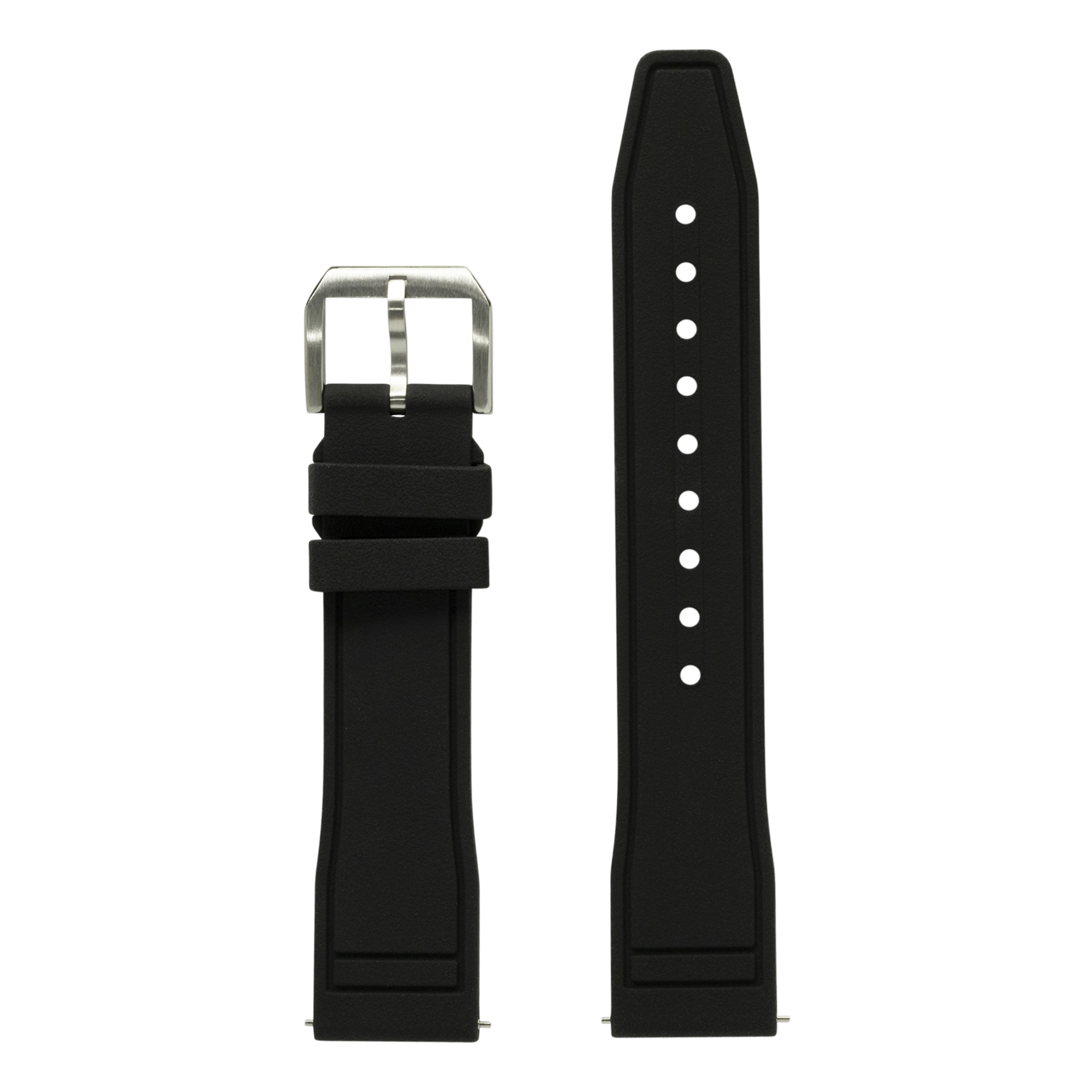 Black rubber watch strap with quick release pins, stainless steel buckle, and white adjustment holes