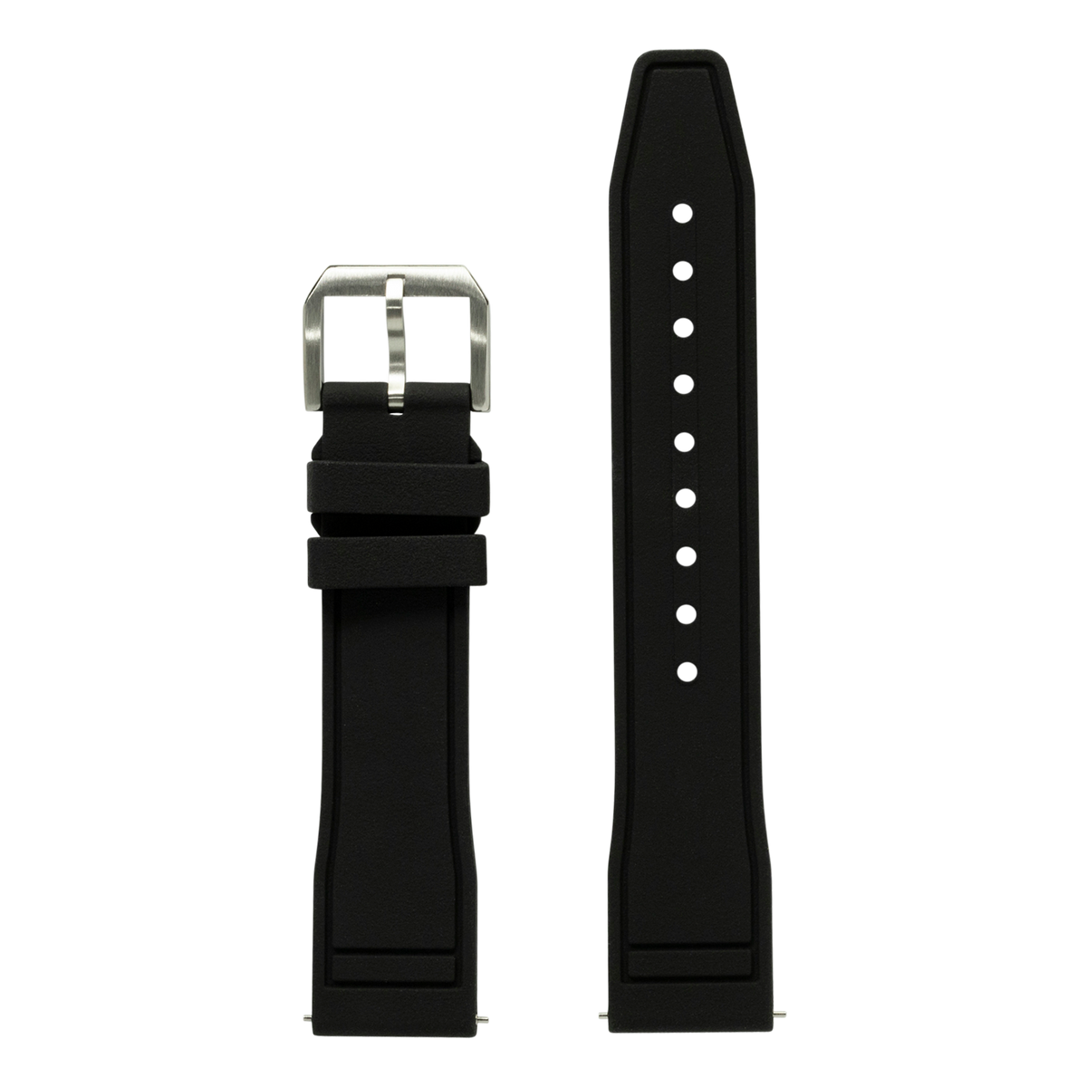 Black FKM rubber watch band with stainless steel buckle and white hole markers, pilot style strap
