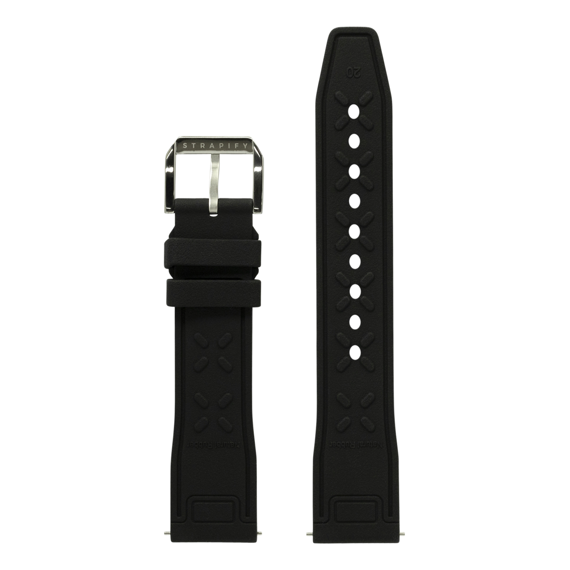 Black FKM rubber watch band with stainless steel buckle and adjustment holes, compatible with Apple Watch