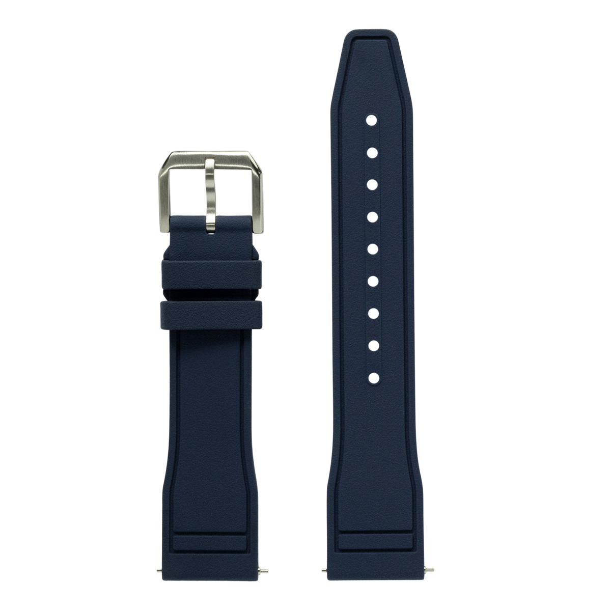 Navy blue FKM rubber watch band with stainless steel buckle and adjustment holes, front and back view