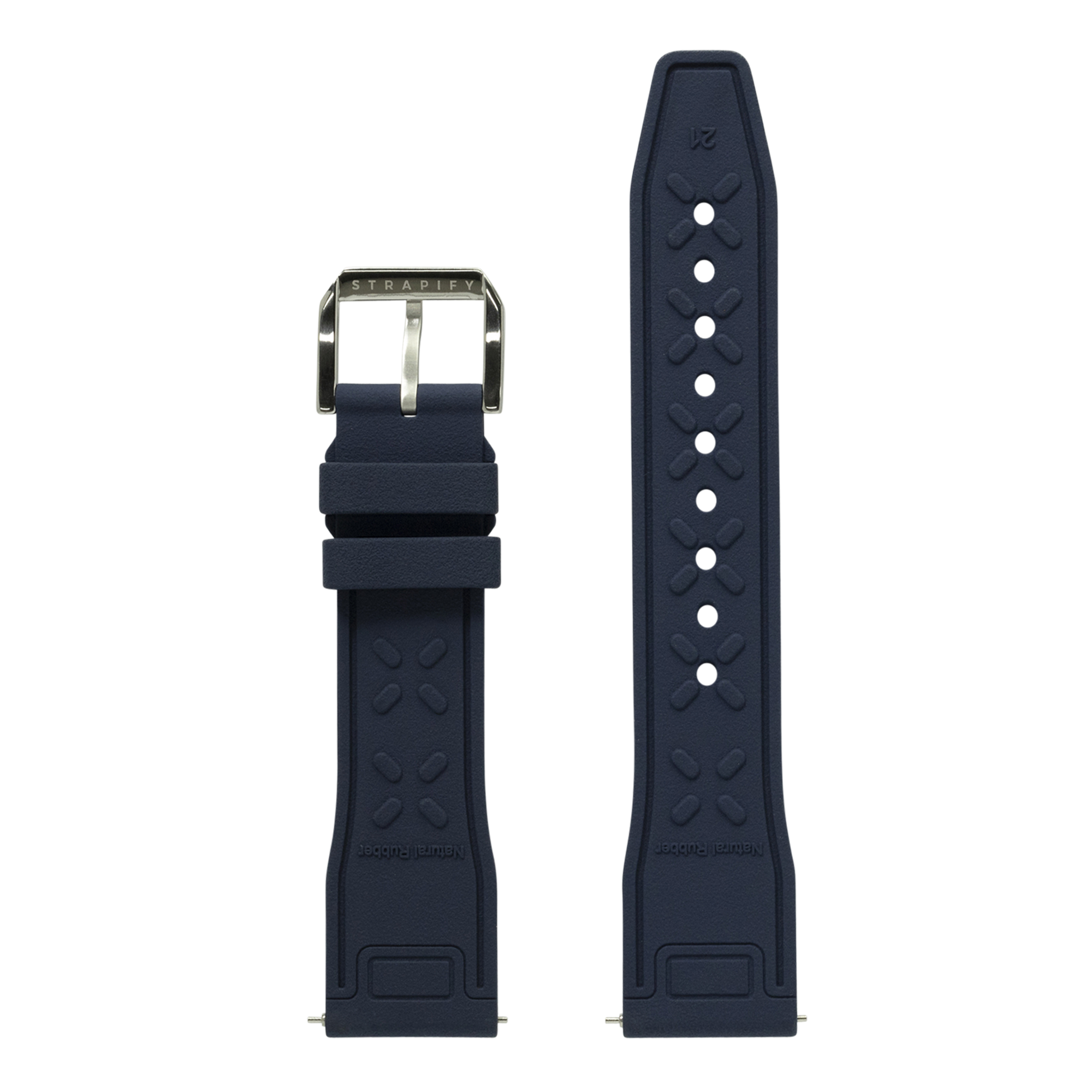 Navy blue FKM rubber watch band with white dot details and stainless steel buckle, compatible with Apple Watch